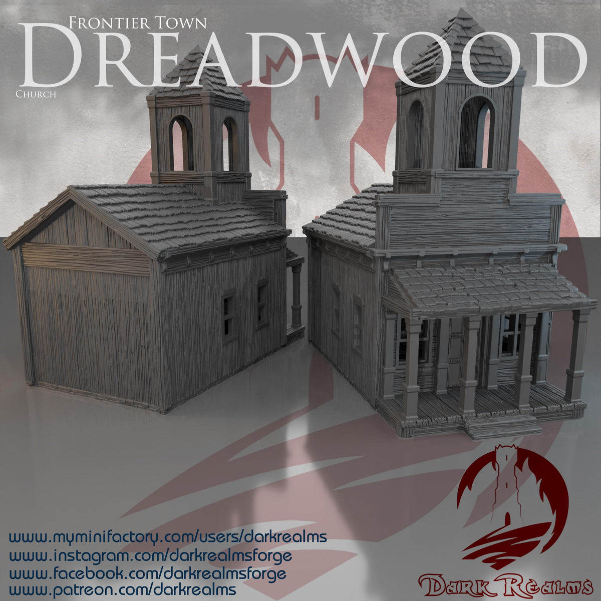 A 3D printed, unpainted gray PLA frontier church stands in true 28 mm scale, ready for tabletop terrain in DnD / Pathfinder / wargaming on a 1-inch grid. The wood-plank siding, tall bell tower, and covered porch show crisp texture straight off the print bed. The model reads like a quiet landmark at the edge of a dusty street, waiting for whatever story your table builds next.