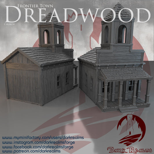 A 3D printed, unpainted gray PLA frontier church stands in true 28 mm scale, ready for tabletop terrain in DnD / Pathfinder / wargaming on a 1-inch grid. The wood-plank siding, tall bell tower, and covered porch show crisp texture straight off the print bed. The model reads like a quiet landmark at the edge of a dusty street, waiting for whatever story your table builds next.