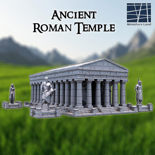 A 3D printed, unpainted gray PLA Roman temple stands in full 28 mm scale, built for tabletop terrain in DnD / Pathfinder / wargaming on a 1-inch grid. The structure spans 16 inches by 20 inches, with fluted columns surrounding a heavy stone platform. Four statue plinths frame the perimeter, giving the build monumental presence. Crisp block textures and clean lines make it read like a sacred landmark even before paint.