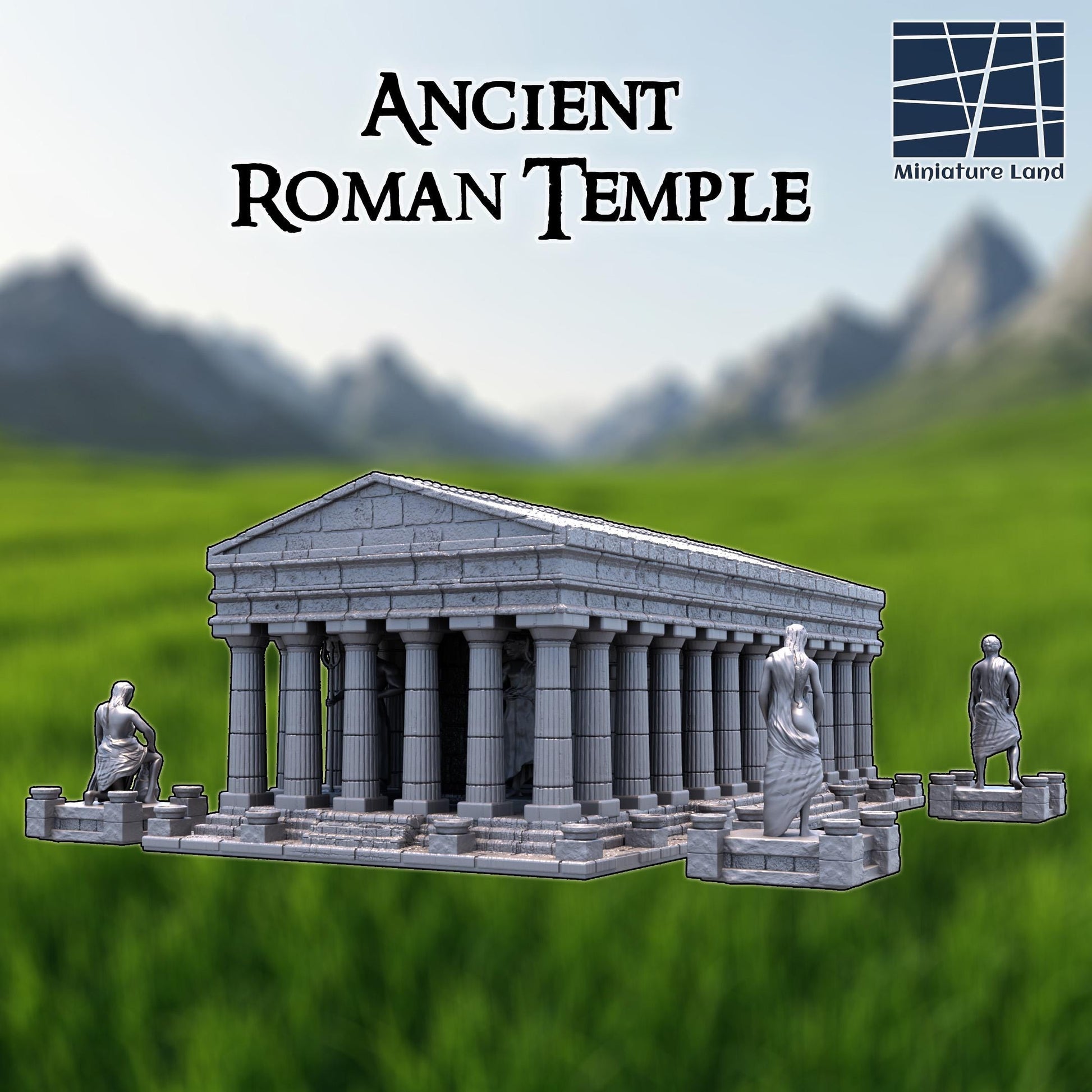 A 3D printed, unpainted gray PLA Roman temple stands in full 28 mm scale, built for tabletop terrain in DnD / Pathfinder / wargaming on a 1-inch grid. The structure spans 16 inches by 20 inches, with fluted columns surrounding a heavy stone platform. Four statue plinths frame the perimeter, giving the build monumental presence. Crisp block textures and clean lines make it read like a sacred landmark even before paint.