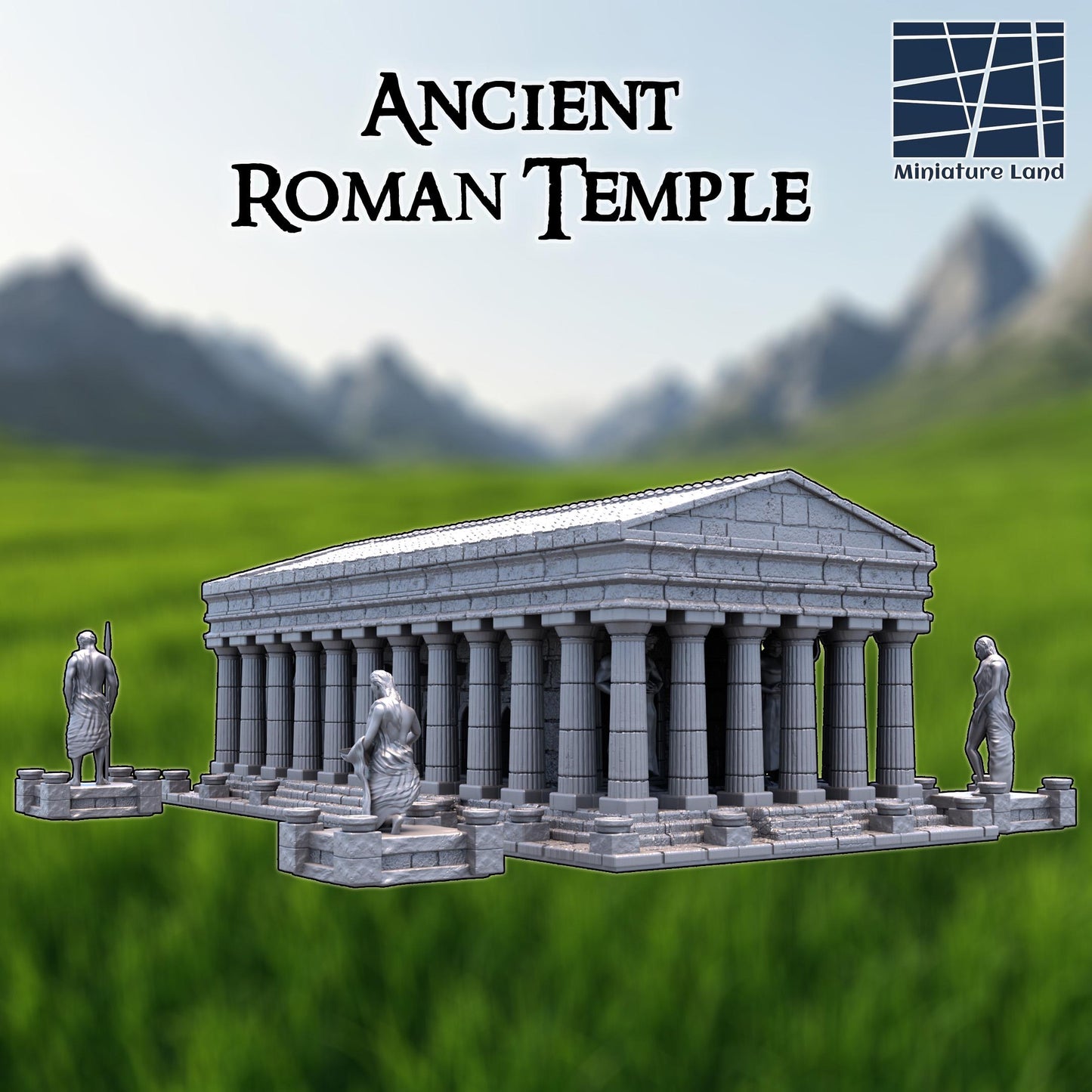 A 3D printed, unpainted gray PLA Roman temple stands in full 28 mm scale, built for tabletop terrain in DnD / Pathfinder / wargaming on a 1-inch grid. The structure spans 16 inches by 20 inches, with fluted columns surrounding a heavy stone platform. Four statue plinths frame the perimeter, giving the build monumental presence. Crisp block textures and clean lines make it read like a sacred landmark even before paint.