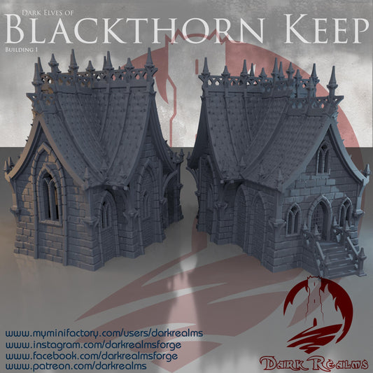 A 3D printed, unpainted gray PLA Dark Elf house rises in 28 mm scale on a 1-inch grid, built as terrain for DnD / Pathfinder / wargaming. Gothic rooflines, needle spires, and carved stone arches define the silhouette. The stair entry and textured walls read sharply even before paint, fitting the sinister aesthetic of the Blackthorn Keep collection.