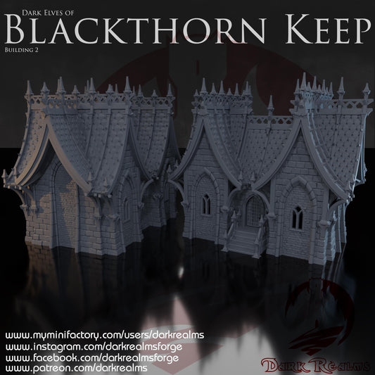 A 3D printed, unpainted gray PLA Dark Elf house stands in 28 mm scale on a 1-inch grid, built for DnD / Pathfinder / wargaming. Twin vaulted roofs rise into a ring of needle spires, while carved stone arches and narrow windows define the walls. The front stair entry and heavy gothic detailing set it firmly within the Blackthorn Keep style, reading sharp and imposing even before primer.