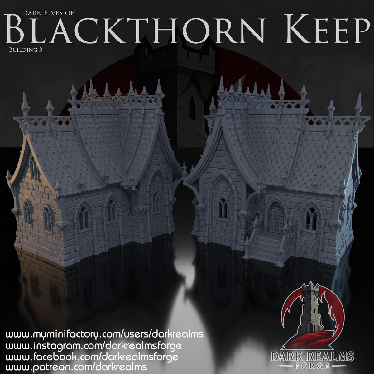 A 3D printed, unpainted gray PLA Dark Elf house stands in 28 mm scale on a 1-inch grid, built for tabletop terrain in DnD / Pathfinder / wargaming. Blade-like roof curves rise into a ring of needle spires, while stone walls and pointed windows form a tight gothic shell. The stair entry and sharp textures fit seamlessly into the Blackthorn Keep style, reading ominous even before paint.