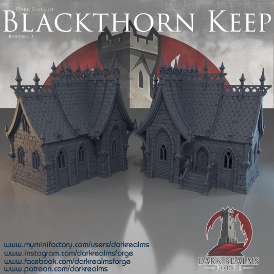 A 3D printed, unpainted gray PLA Dark Elf house stands in 28 mm scale on a 1-inch grid, built for tabletop terrain in DnD / Pathfinder / wargaming. Blade-like roof curves rise into a ring of needle spires, while stone walls and pointed windows form a tight gothic shell. The stair entry and sharp textures fit seamlessly into the Blackthorn Keep style, reading ominous even before paint.