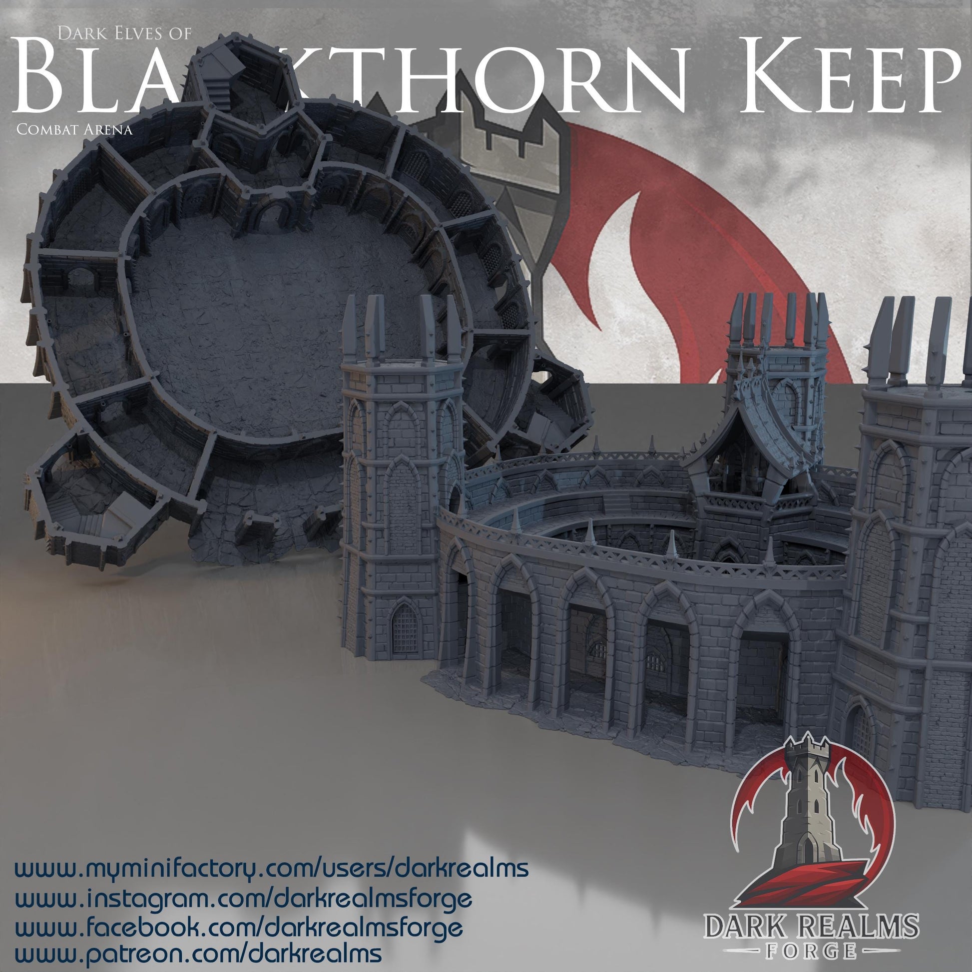 This 3D printed combat arena rises in unpainted gray PLA, shaped for 28 mm tabletop terrain and built with tall towers, narrow arches, and ribbed stone walls. The structure forms a full ring around a central pit, matching the look of grim Dark Elf architecture without adding anything beyond what’s visible. Designed for DnD / Pathfinder / wargaming on a 1-inch grid, the heavy stone blocks and sharp battlements give it a fortified presence before paint ever touches it.