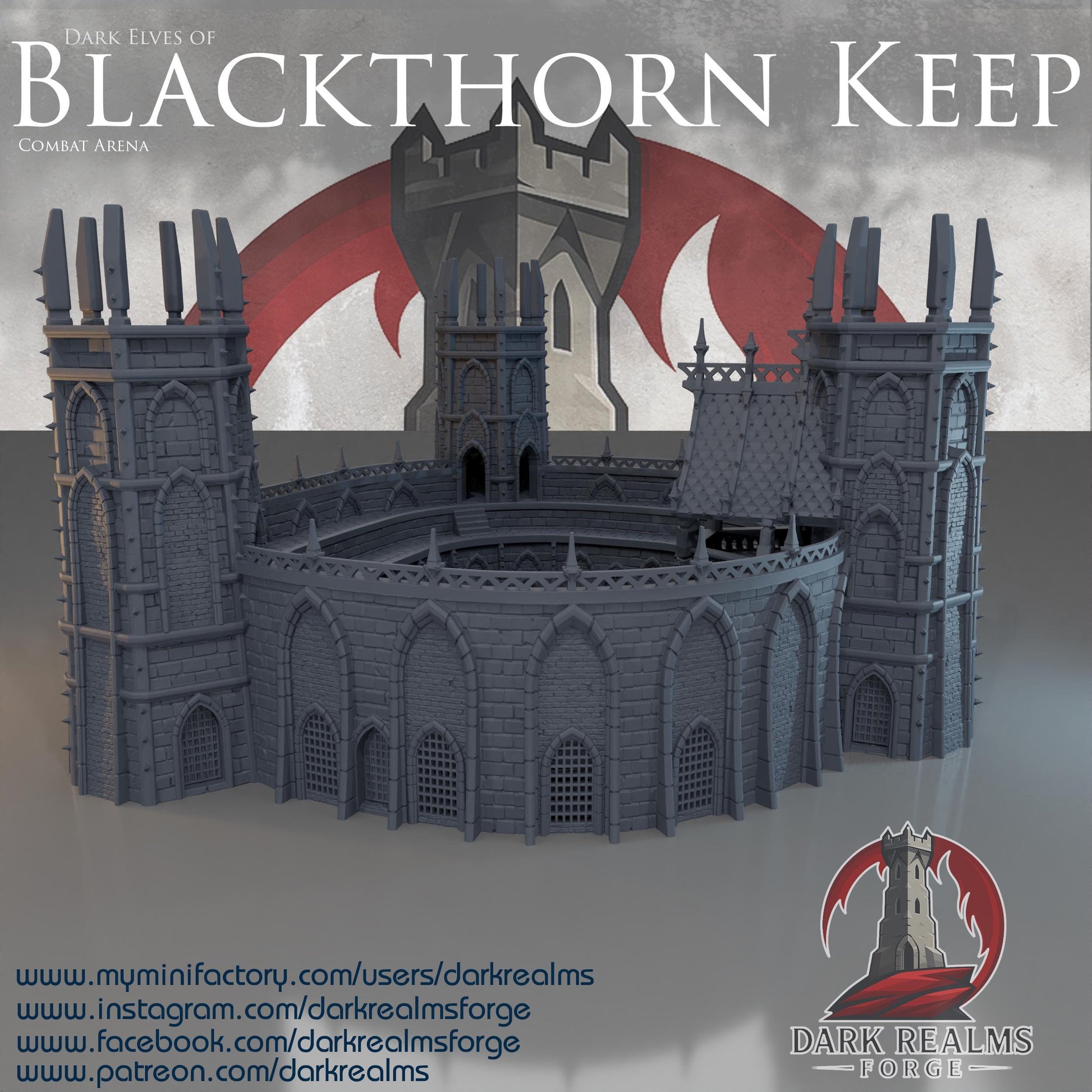 This 3D printed combat arena rises in unpainted gray PLA, shaped for 28 mm tabletop terrain and built with tall towers, narrow arches, and ribbed stone walls. The structure forms a full ring around a central pit, matching the look of grim Dark Elf architecture without adding anything beyond what’s visible. Designed for DnD / Pathfinder / wargaming on a 1-inch grid, the heavy stone blocks and sharp battlements give it a fortified presence before paint ever touches it.