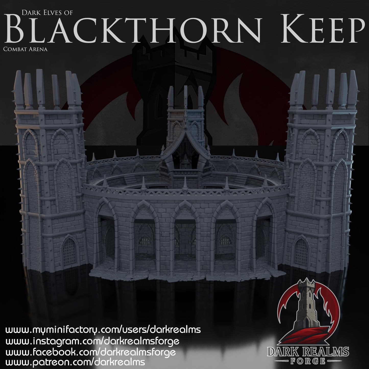This 3D printed combat arena rises in unpainted gray PLA, shaped for 28 mm tabletop terrain and built with tall towers, narrow arches, and ribbed stone walls. The structure forms a full ring around a central pit, matching the look of grim Dark Elf architecture without adding anything beyond what’s visible. Designed for DnD / Pathfinder / wargaming on a 1-inch grid, the heavy stone blocks and sharp battlements give it a fortified presence before paint ever touches it.