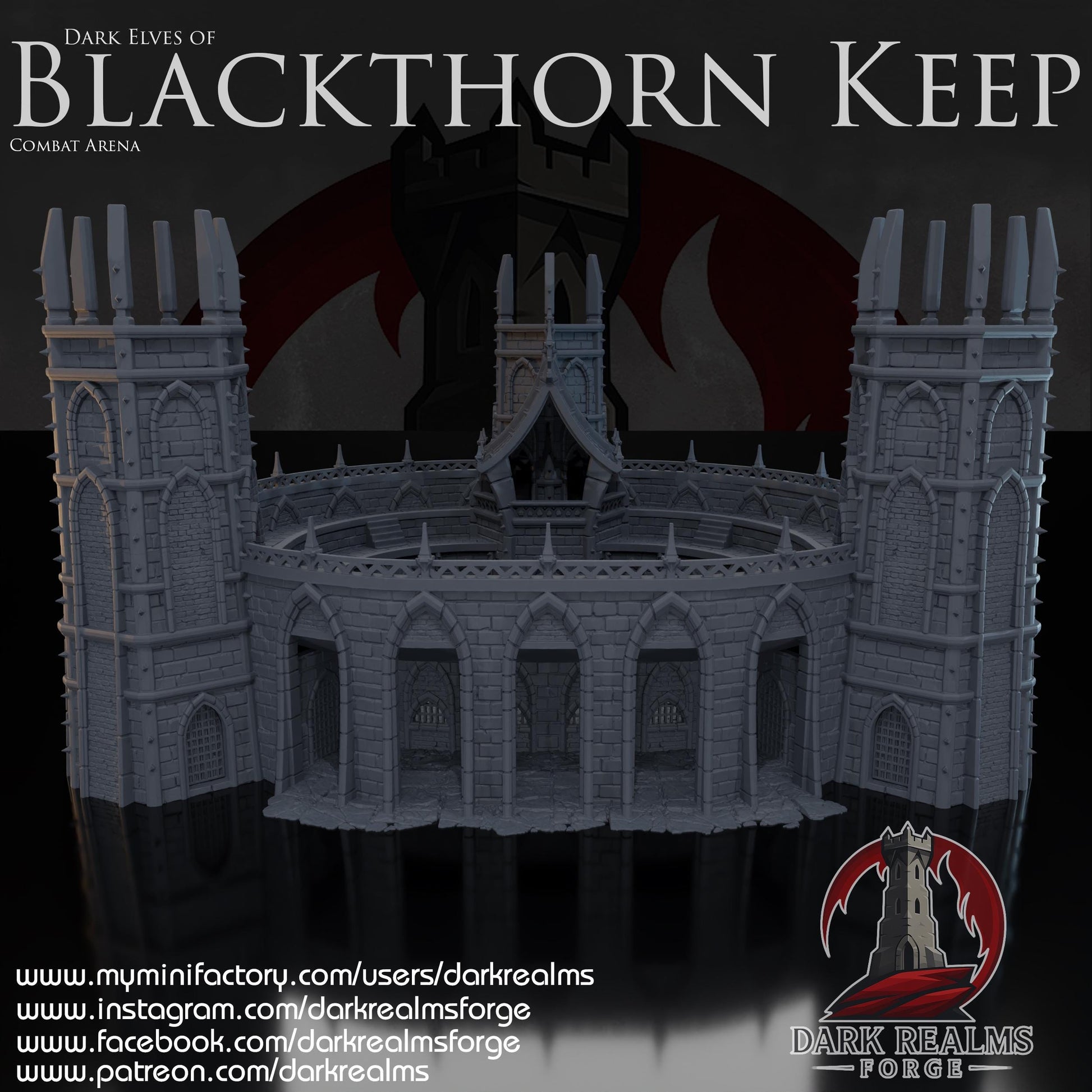 This 3D printed combat arena rises in unpainted gray PLA, shaped for 28 mm tabletop terrain and built with tall towers, narrow arches, and ribbed stone walls. The structure forms a full ring around a central pit, matching the look of grim Dark Elf architecture without adding anything beyond what’s visible. Designed for DnD / Pathfinder / wargaming on a 1-inch grid, the heavy stone blocks and sharp battlements give it a fortified presence before paint ever touches it.