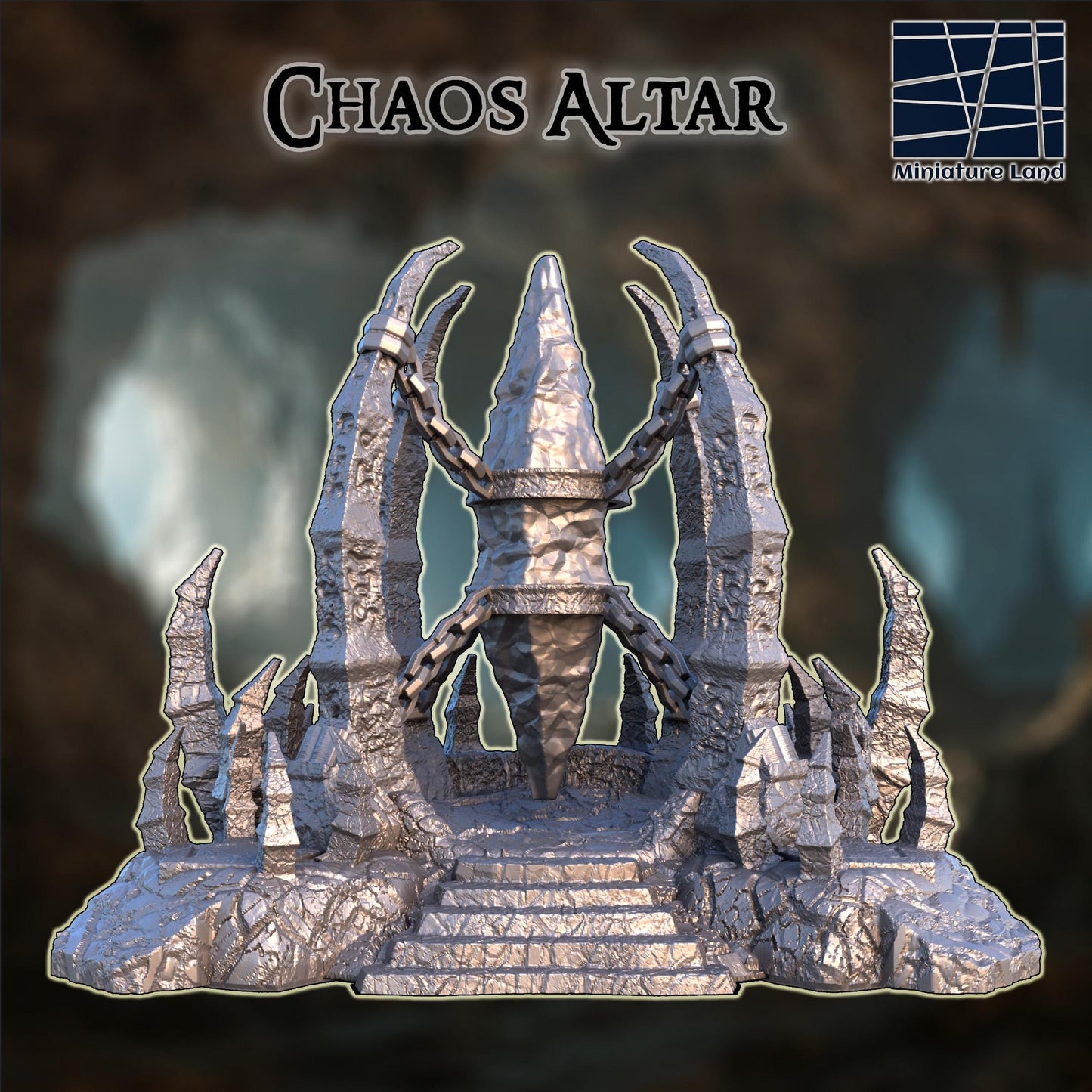 This 3D printed chaos altar rises in unpainted gray PLA, built for 28 mm tabletop terrain with jagged stone spires, a suspended central core, and heavy chains locking it into place. The steps, fractured rock textures, and ringed platform make it read immediately as a ritual site for DnD / Pathfinder / wargaming scenarios. On a 1-inch grid, the structure sits like a carved altar cut straight from cavern stone, ready for paint but already carrying a story in its raw geometry.