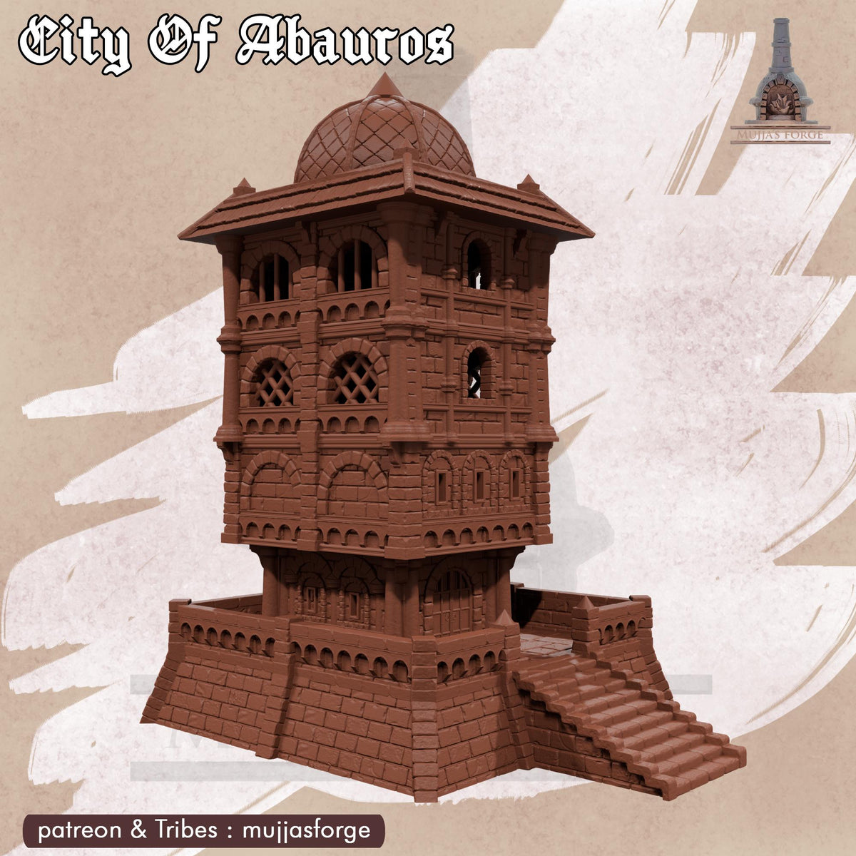 A towering 28 mm structure rises above the tabletop terrain, rendered in unpainted gray PLA with layered stone textures and open-arch windows. Its domed roof and fortified base establish it as a commanding Skywatch point for DnD, Pathfinder, or wargaming encounters. Stacked floors and a wide stair approach sit cleanly on a 1-inch grid, giving the piece clear purpose and striking vertical presence.