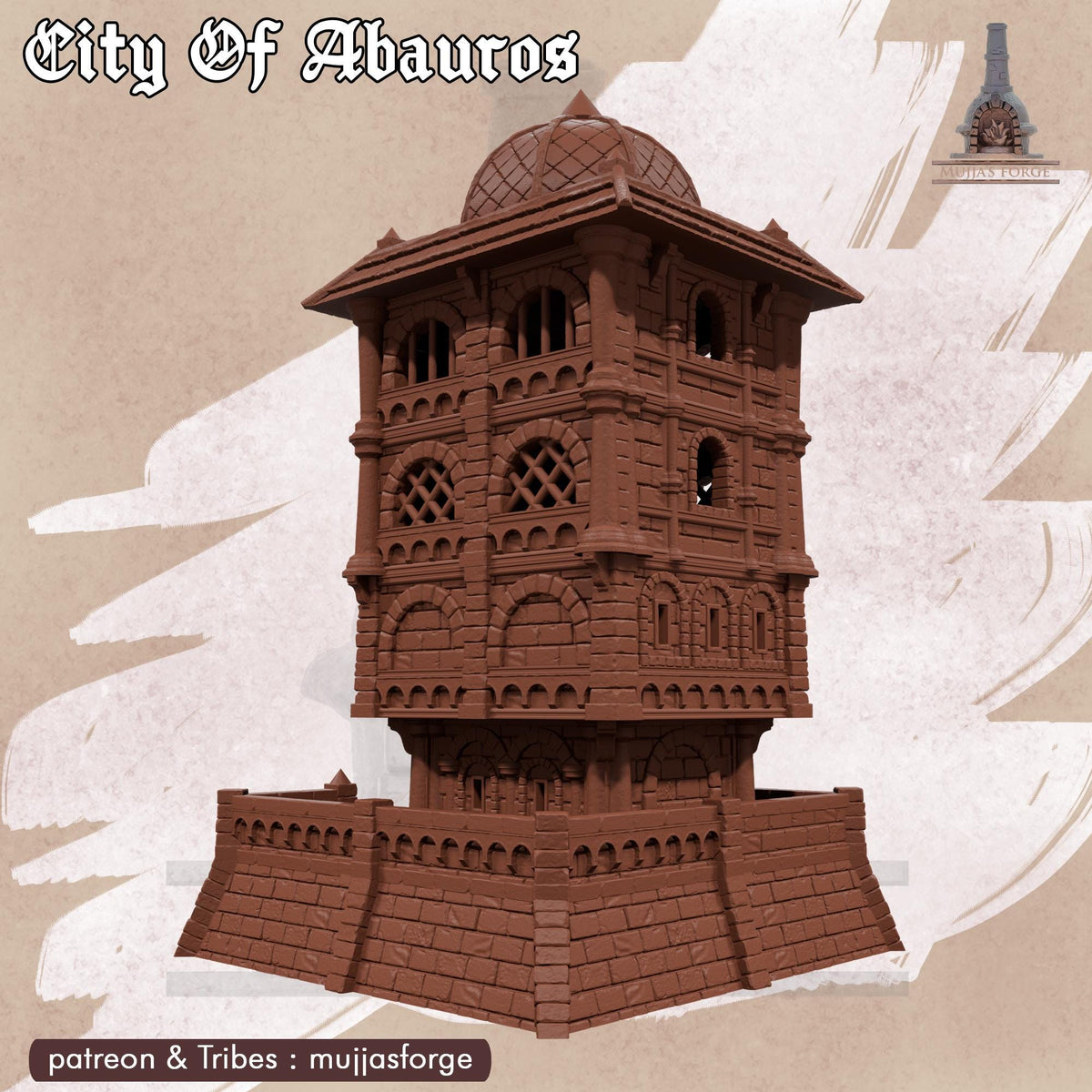 A towering 28 mm structure rises above the tabletop terrain, rendered in unpainted gray PLA with layered stone textures and open-arch windows. Its domed roof and fortified base establish it as a commanding Skywatch point for DnD, Pathfinder, or wargaming encounters. Stacked floors and a wide stair approach sit cleanly on a 1-inch grid, giving the piece clear purpose and striking vertical presence.