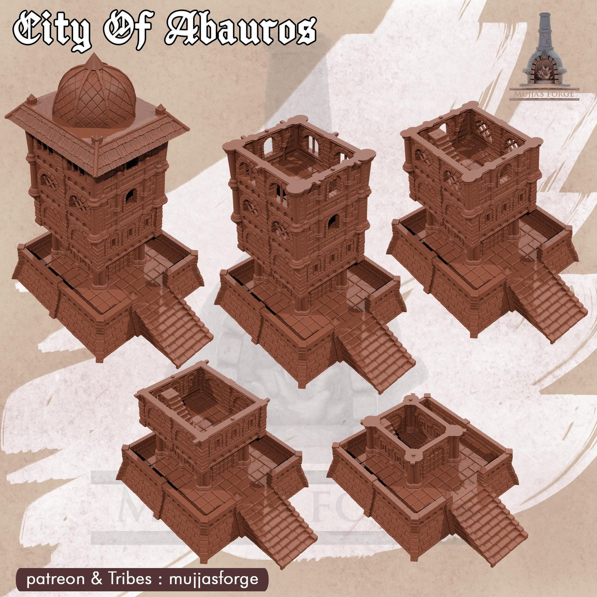 A towering 28 mm structure rises above the tabletop terrain, rendered in unpainted gray PLA with layered stone textures and open-arch windows. Its domed roof and fortified base establish it as a commanding Skywatch point for DnD, Pathfinder, or wargaming encounters. Stacked floors and a wide stair approach sit cleanly on a 1-inch grid, giving the piece clear purpose and striking vertical presence.