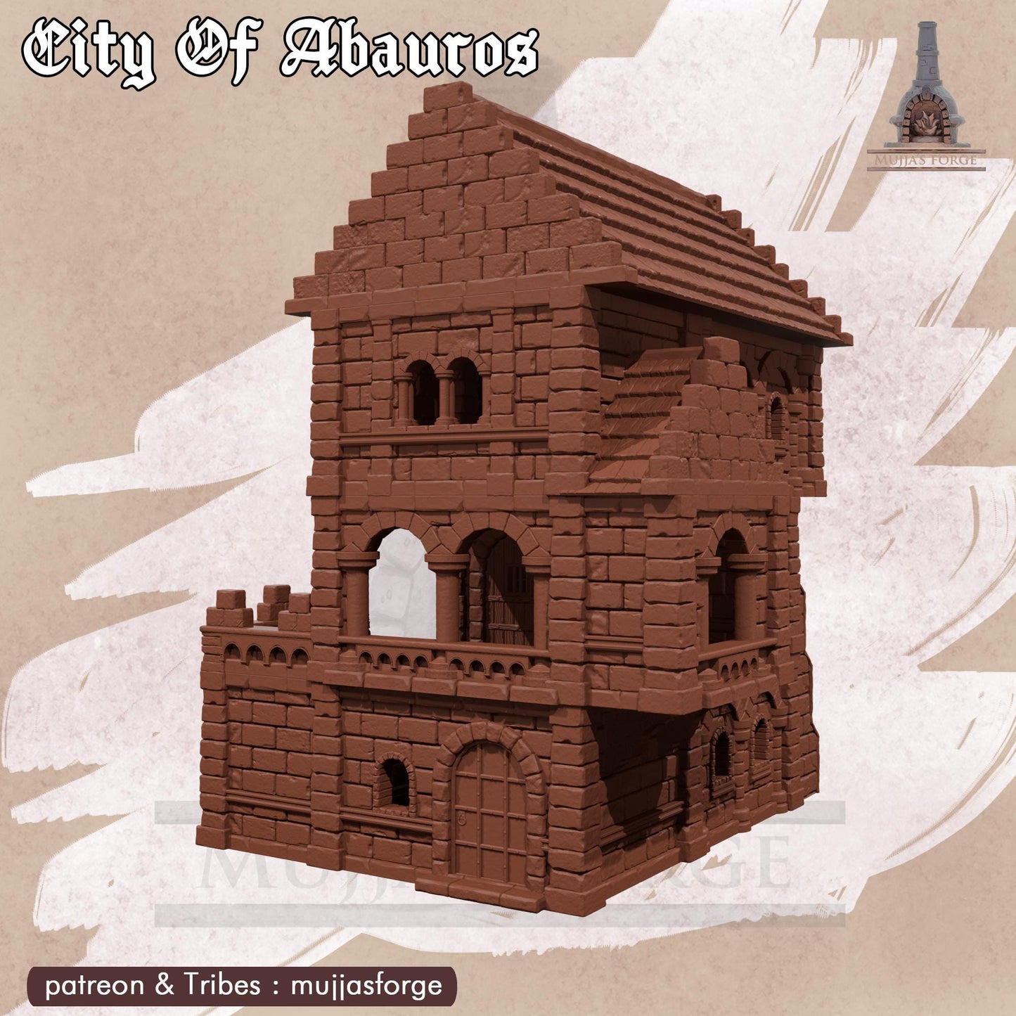 This 3D printed Magistrate’s House rises in unpainted gray PLA, built in a 28 mm scale for tabletop terrain across DnD, Pathfinder, and wargaming scenarios. The structure shows stacked stone walls, arched windows, and a balcony overlooking the 1-inch grid below. Its layered floors and exterior stairway create natural elevation and tight interior spaces for encounters. The design captures the civic architecture of Abauros without adding anything beyond what’s visible.