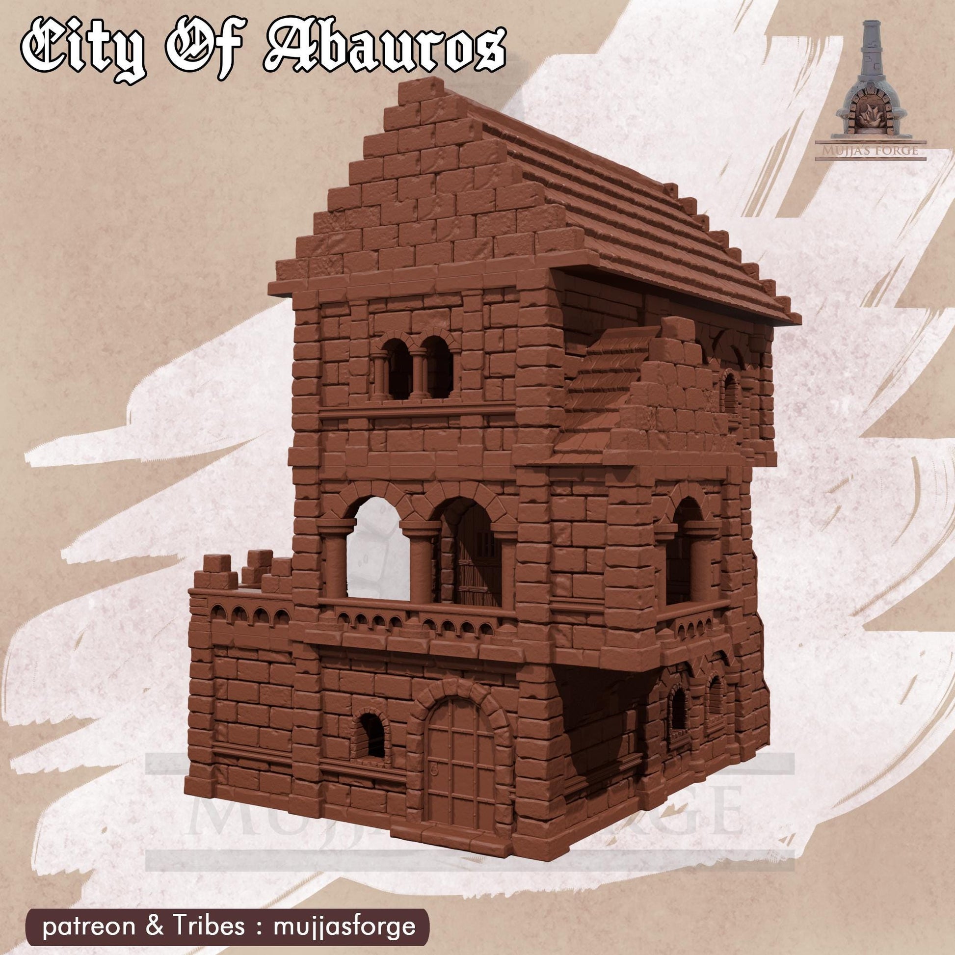 This 3D printed Magistrate’s House rises in unpainted gray PLA, built in a 28 mm scale for tabletop terrain across DnD, Pathfinder, and wargaming scenarios. The structure shows stacked stone walls, arched windows, and a balcony overlooking the 1-inch grid below. Its layered floors and exterior stairway create natural elevation and tight interior spaces for encounters. The design captures the civic architecture of Abauros without adding anything beyond what’s visible.