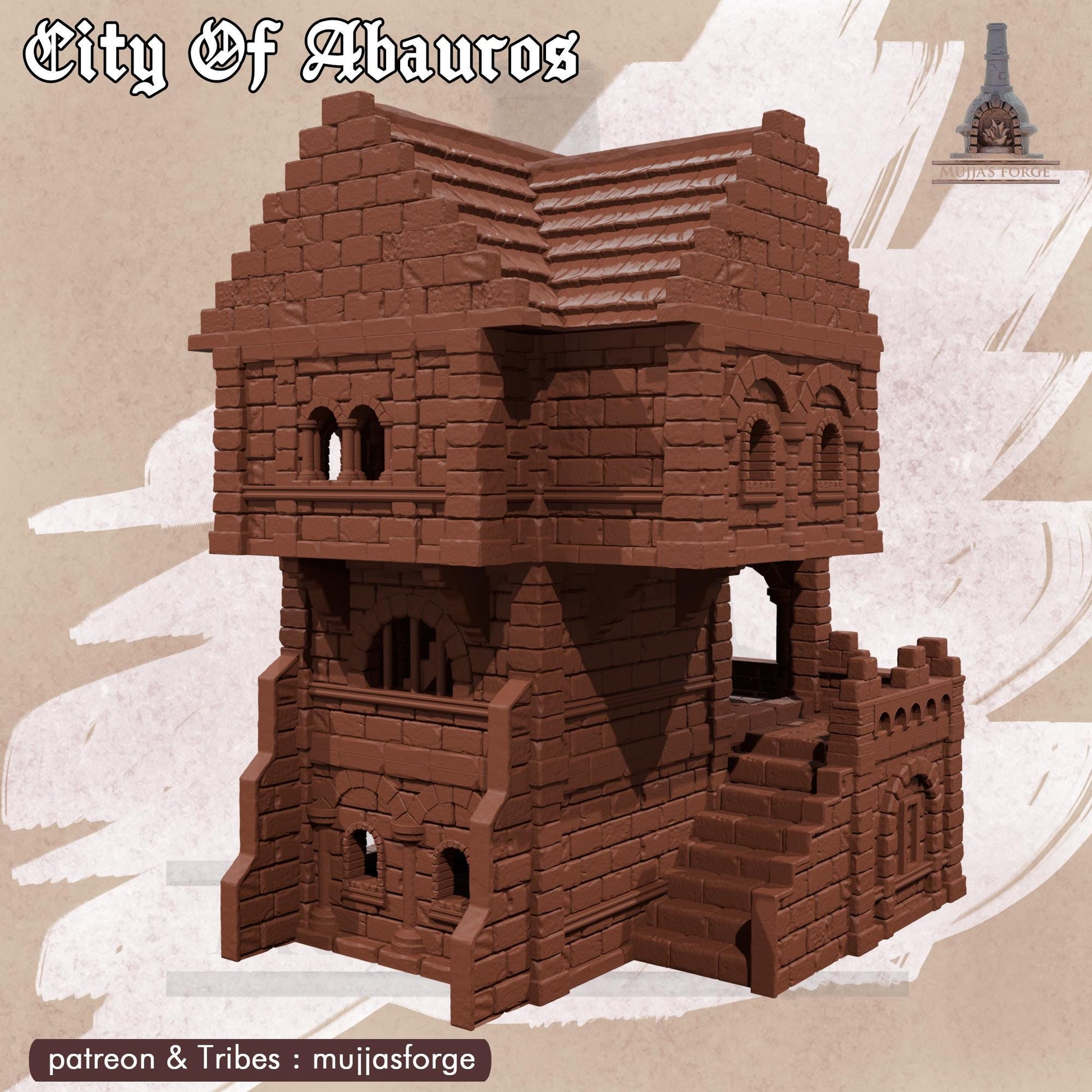 This 3D printed Magistrate’s House rises in unpainted gray PLA, built in a 28 mm scale for tabletop terrain across DnD, Pathfinder, and wargaming scenarios. The structure shows stacked stone walls, arched windows, and a balcony overlooking the 1-inch grid below. Its layered floors and exterior stairway create natural elevation and tight interior spaces for encounters. The design captures the civic architecture of Abauros without adding anything beyond what’s visible.