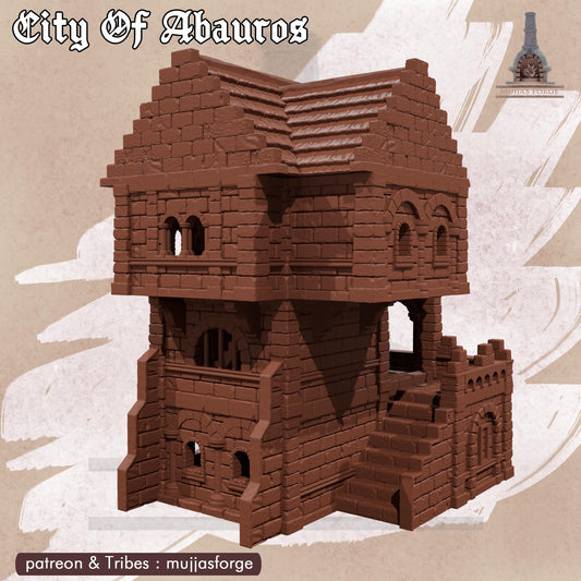This 3D printed Magistrate’s House rises in unpainted gray PLA, built in a 28 mm scale for tabletop terrain across DnD, Pathfinder, and wargaming scenarios. The structure shows stacked stone walls, arched windows, and a balcony overlooking the 1-inch grid below. Its layered floors and exterior stairway create natural elevation and tight interior spaces for encounters. The design captures the civic architecture of Abauros without adding anything beyond what’s visible.