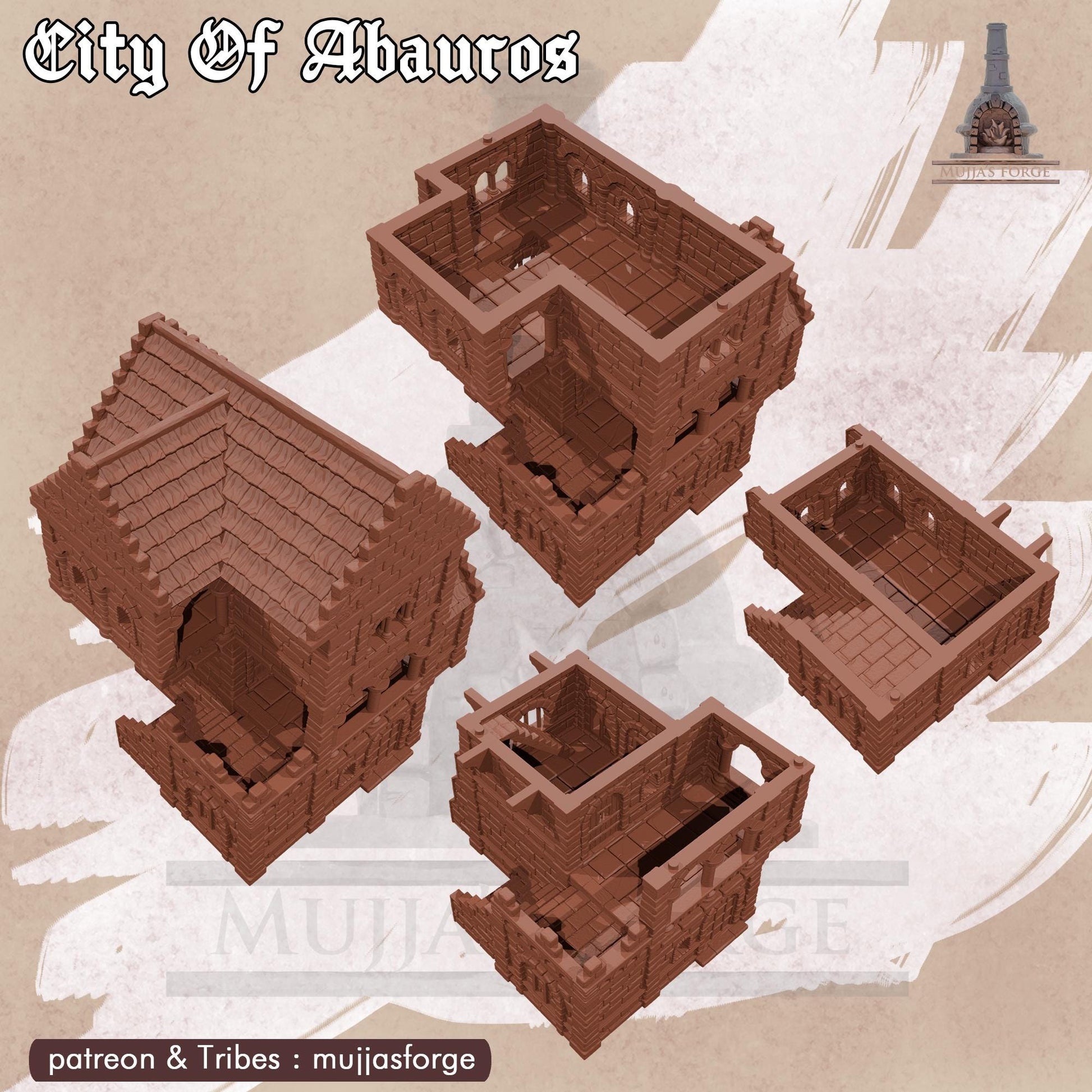 This 3D printed Magistrate’s House rises in unpainted gray PLA, built in a 28 mm scale for tabletop terrain across DnD, Pathfinder, and wargaming scenarios. The structure shows stacked stone walls, arched windows, and a balcony overlooking the 1-inch grid below. Its layered floors and exterior stairway create natural elevation and tight interior spaces for encounters. The design captures the civic architecture of Abauros without adding anything beyond what’s visible.