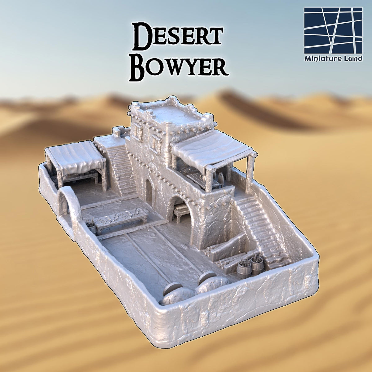 This 3D printed Desert Bowyer sits in unpainted gray PLA, scaled for 28 mm tabletop terrain on a 1-inch grid. Thick adobe-style walls surround a sloped courtyard with barrels, tools, and a covered crafting stall. The upper loft rises above arched openings and shaded awnings, giving the structure a lived-in desert workshop feel. In DnD / Pathfinder / wargaming, it reads instantly as a bowmaker’s shop on the edge of a sun-beaten settlement.