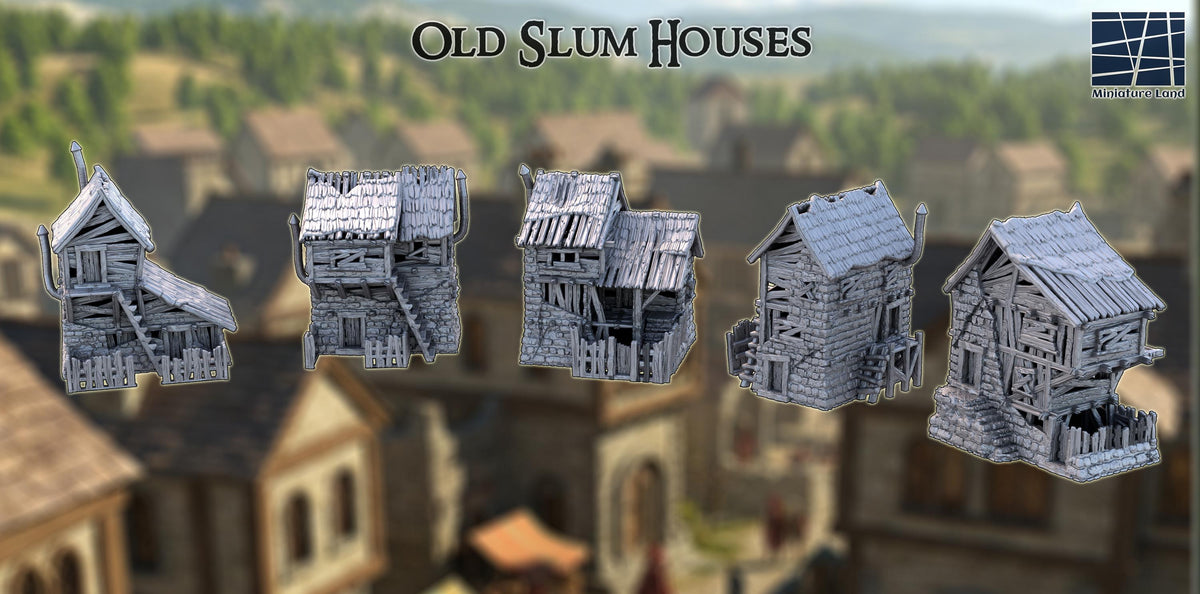 These six 3D printed slum houses appear in unpainted gray PLA, designed for 28 mm tabletop terrain on a 1-inch grid. Each structure shows cracked stone bases, warped timber supports, and split roof planks exactly as seen in the images. The crooked balconies, leaning walls, and broken fencing make them ideal for DnD / Pathfinder / wargaming scenarios set in rundown districts. Together, they form a tight cluster of weathered buildings that feel one bad storm away from collapse.