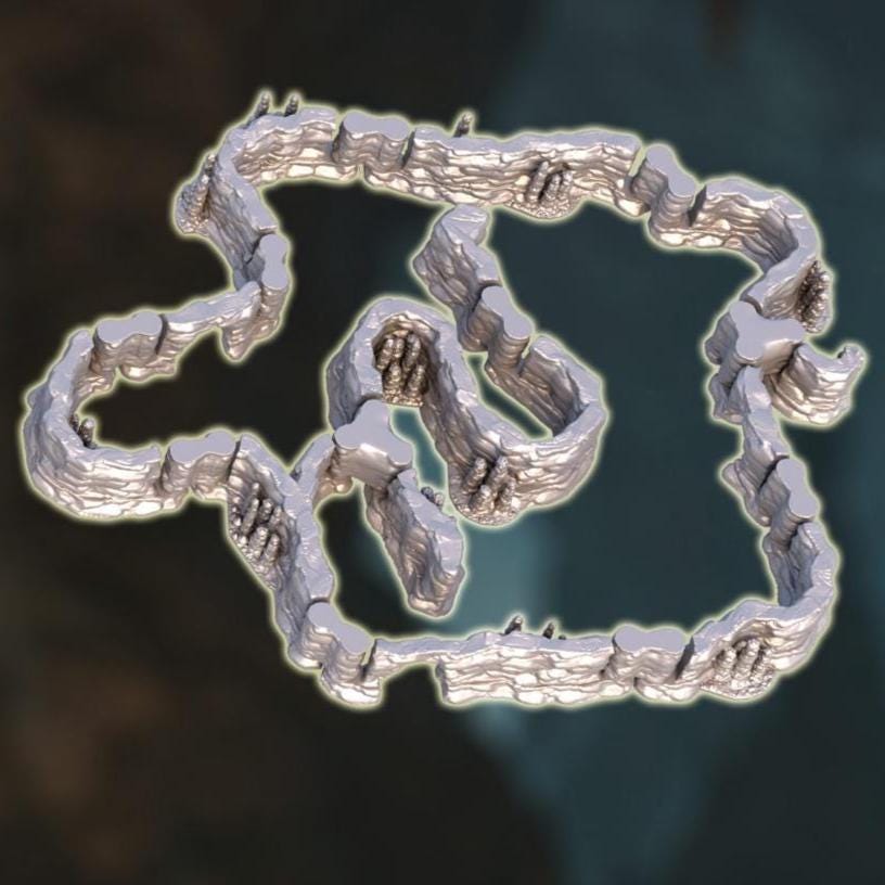 These 3D printed cavern walls form a twisting 28 mm underground maze, rendered in unpainted gray PLA for maximum customization. Each piece locks naturally into the next, creating organic drips, ridges, and stone folds that feel lifted straight from a real subterranean pocket. Designed for a 1-inch grid, the set builds out atmospheric dungeons for DnD / Pathfinder / wargaming adventures. Your players will feel the torchlight fade as the caverns fold deeper into darkness.