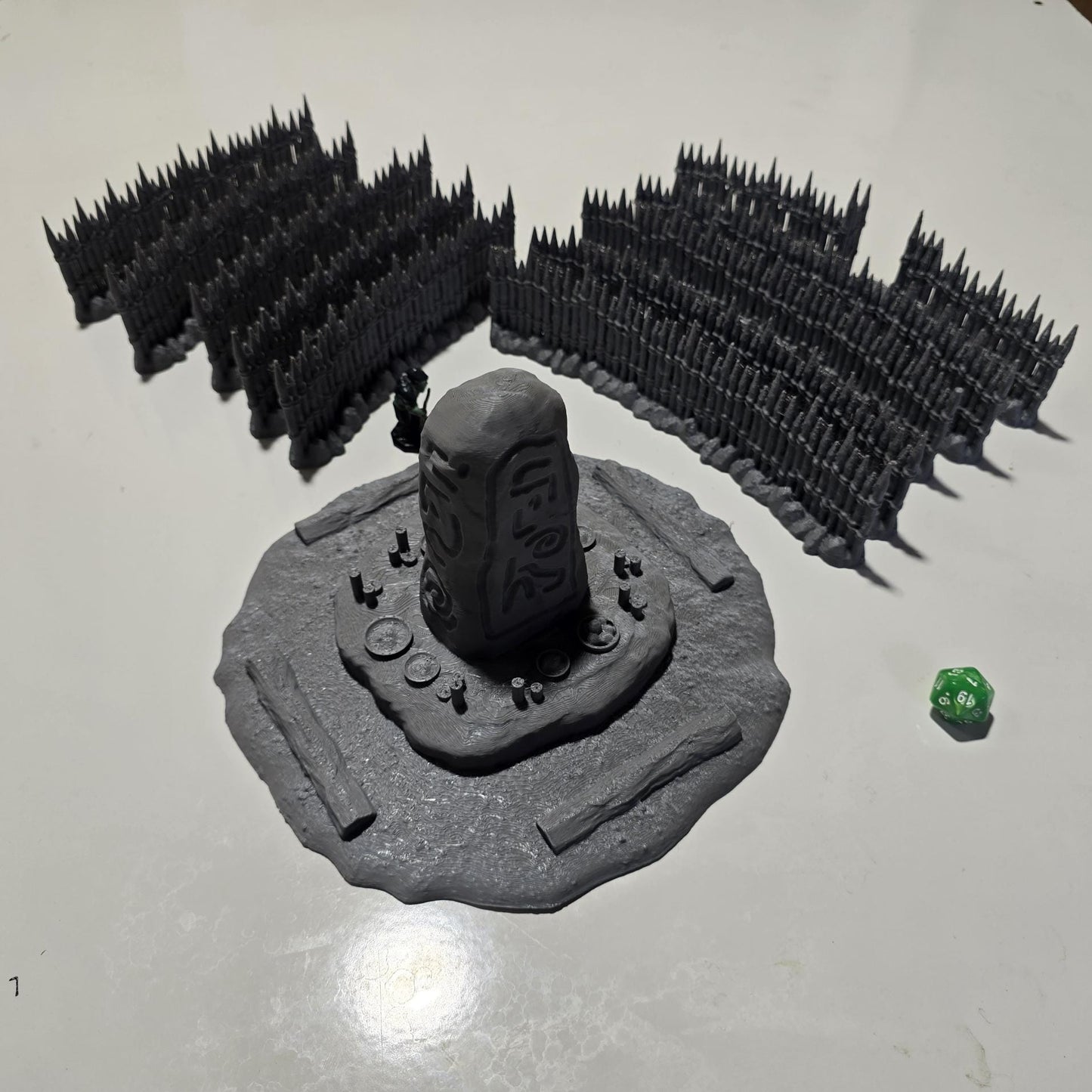 Unpainted gray PLA captures the rough ground, carved runestone, and jagged timber spikes of this 28 mm tabletop terrain set. The monolith rises from a layered base scattered with simple offerings, while the spiked walls form a full circle around the site. Each piece shows the subtle lines of 3D printed construction, ready for primer. Designed for DnD / Pathfinder / wargaming on a 1-inch grid, it stands as a stark landmark on any table.