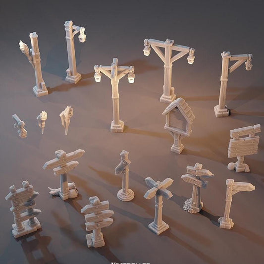 Kingdom of Guardia Signs, Posts & Boards – 15-Piece Scatter Set – 1:60 Scale, 28mm miniatures