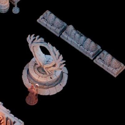 This 28 mm Elderwood Abbey complex is shown in unpainted gray PLA, built around a central chapel with two monastery wings extending outward. Interior rooms, stone corridors, timber floors, and furnished chambers connect across the full structure for tabletop terrain on a 1-inch grid. The Elderwood Shrine stands nearby, its carved form matching the surrounding architecture. Each 3D-printed section is accessible, textured, and ready for primer.