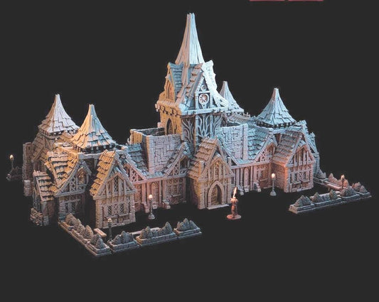 This 28 mm Elderwood Abbey complex is shown in unpainted gray PLA, built around a central chapel with two monastery wings extending outward. Interior rooms, stone corridors, timber floors, and furnished chambers connect across the full structure for tabletop terrain on a 1-inch grid. The Elderwood Shrine stands nearby, its carved form matching the surrounding architecture. Each 3D-printed section is accessible, textured, and ready for primer.