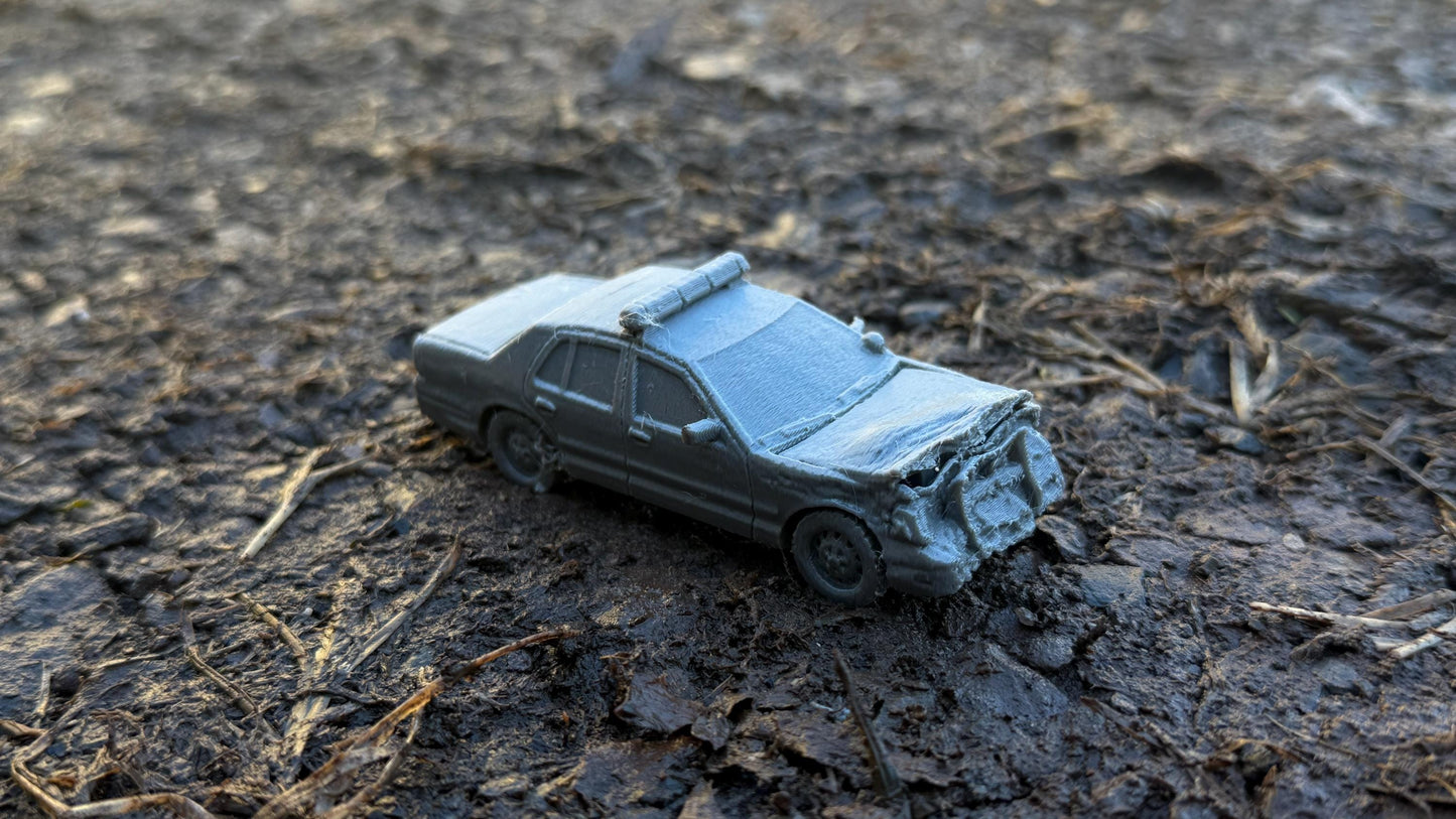 Wrecked Crown Victoria police car, front end, Modern warfare, Tabletop terrain, WW2, Modern tank,