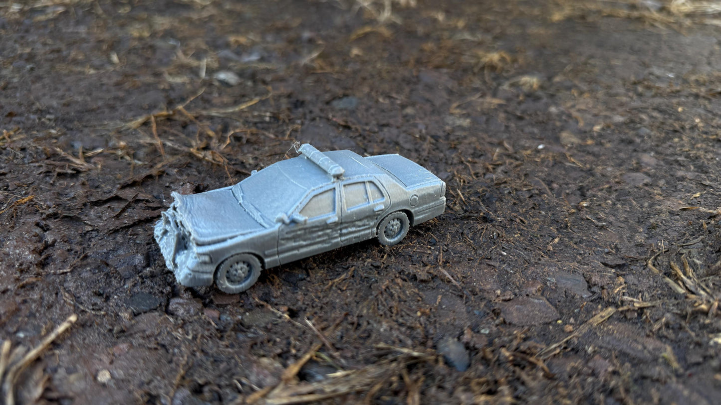 Wrecked Crown Victoria police car, front end, Modern warfare, Tabletop terrain, WW2, Modern tank,