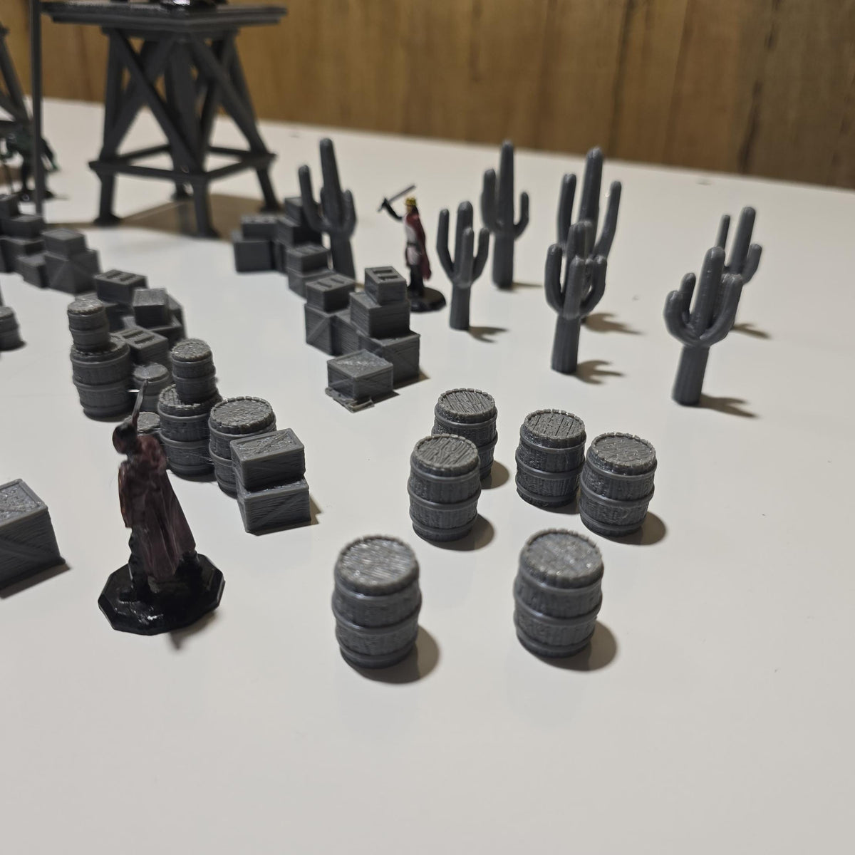 Old West Town Props Pack – 28mm Frontier Scatter Terrain, 3D Printed Unpainted PLA