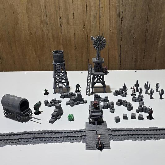 Old West Town Props Pack – 28mm Frontier Scatter Terrain, 3D Printed Unpainted PLA