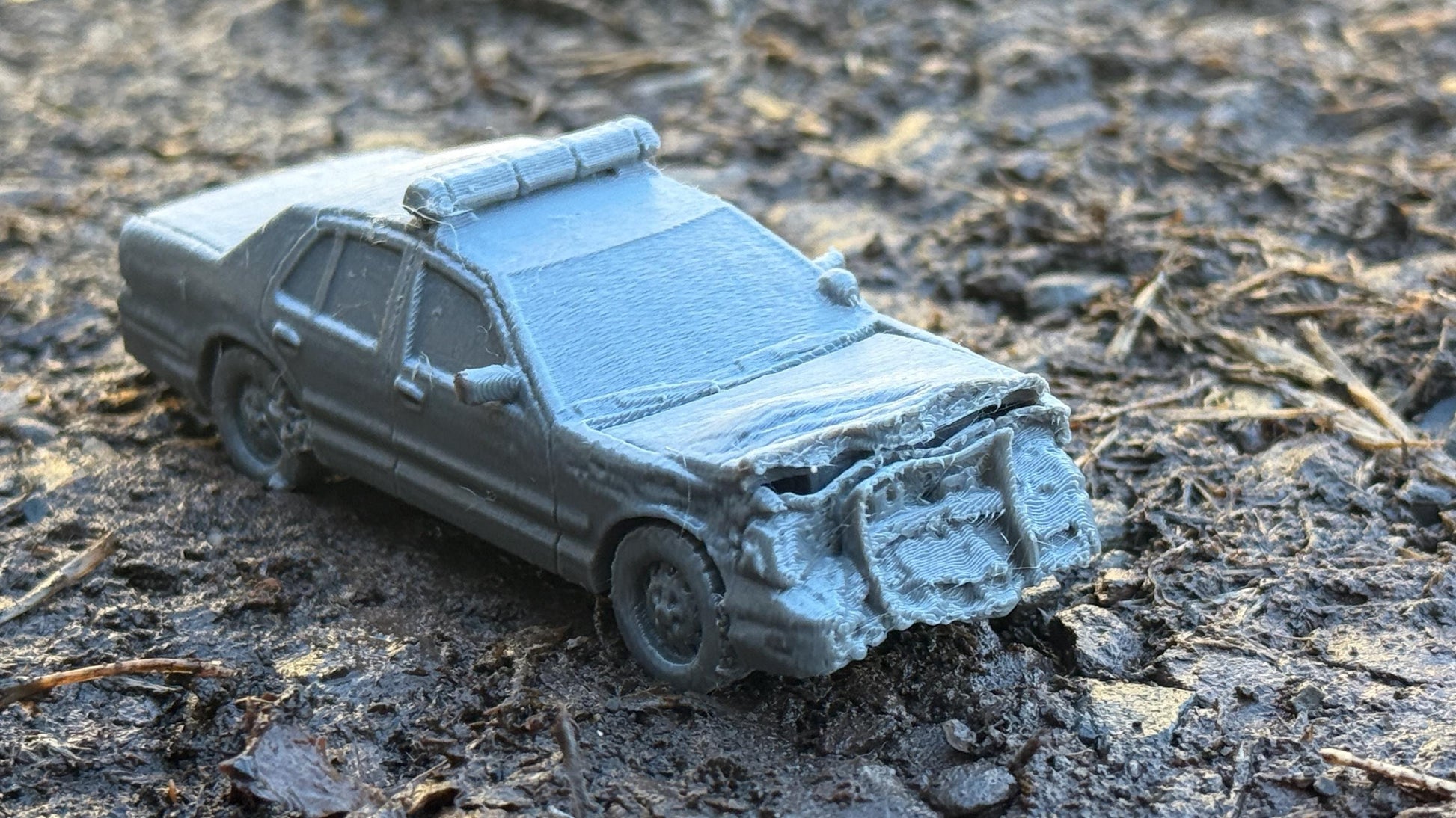Wrecked Crown Victoria police car, front end, Modern warfare, Tabletop terrain, WW2, Modern tank,