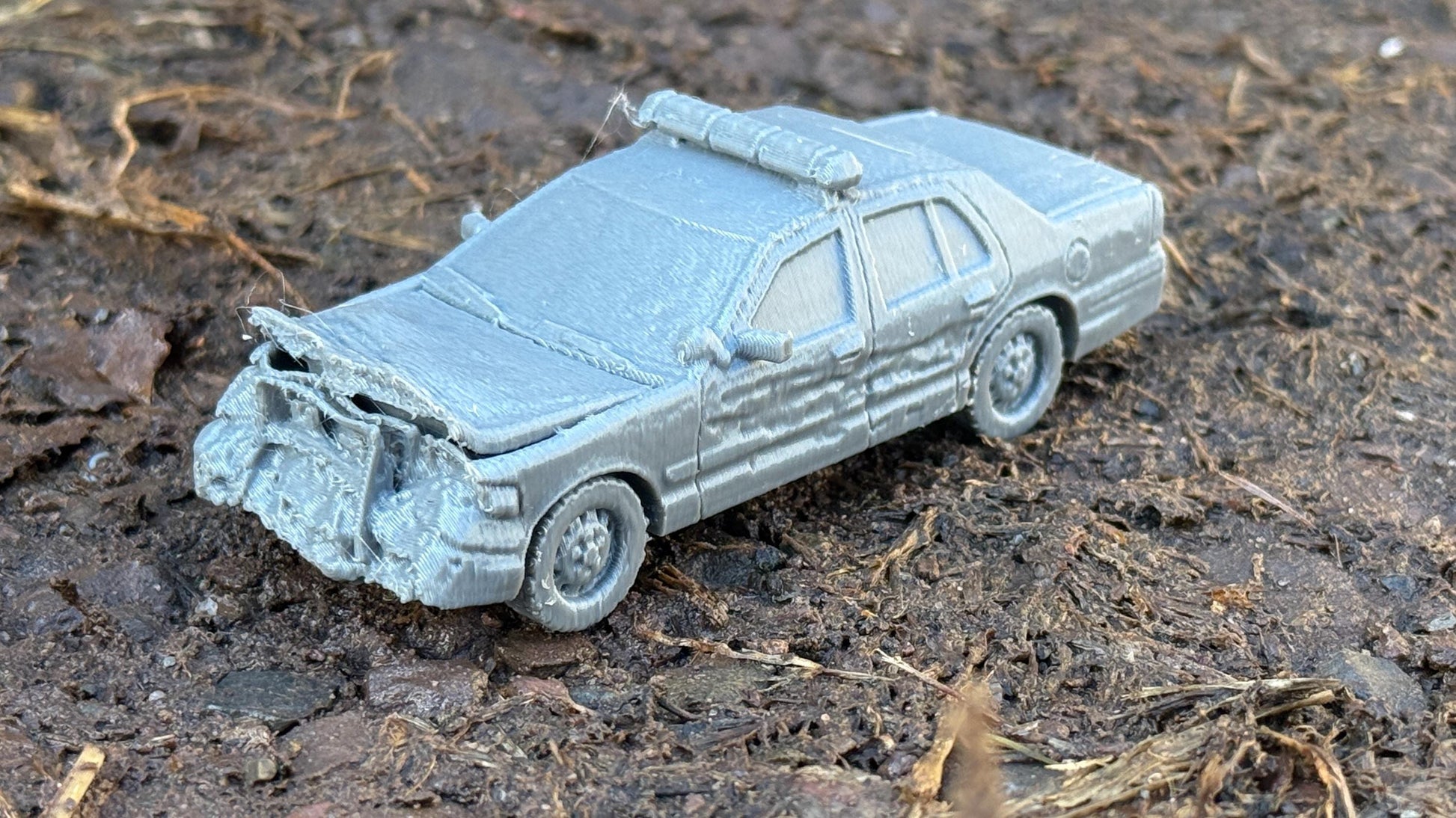 Wrecked Crown Victoria police car, front end, Modern warfare, Tabletop terrain, WW2, Modern tank,
