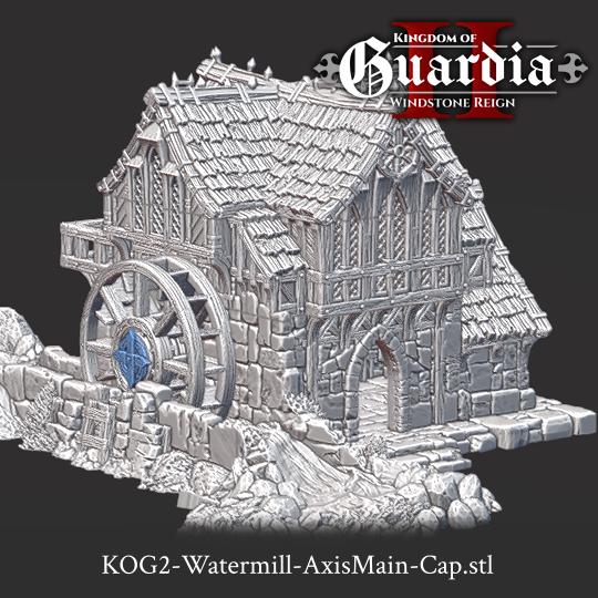 Guardia Water Wheel System – 28mm Kingdom of Guardia Building, 3D Printed Unpainted PLA Terrain