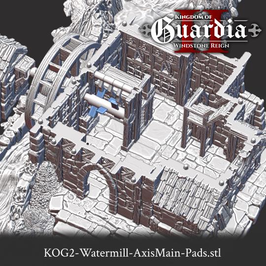 Guardia Water Wheel System – 28mm Kingdom of Guardia Building, 3D Printed Unpainted PLA Terrain