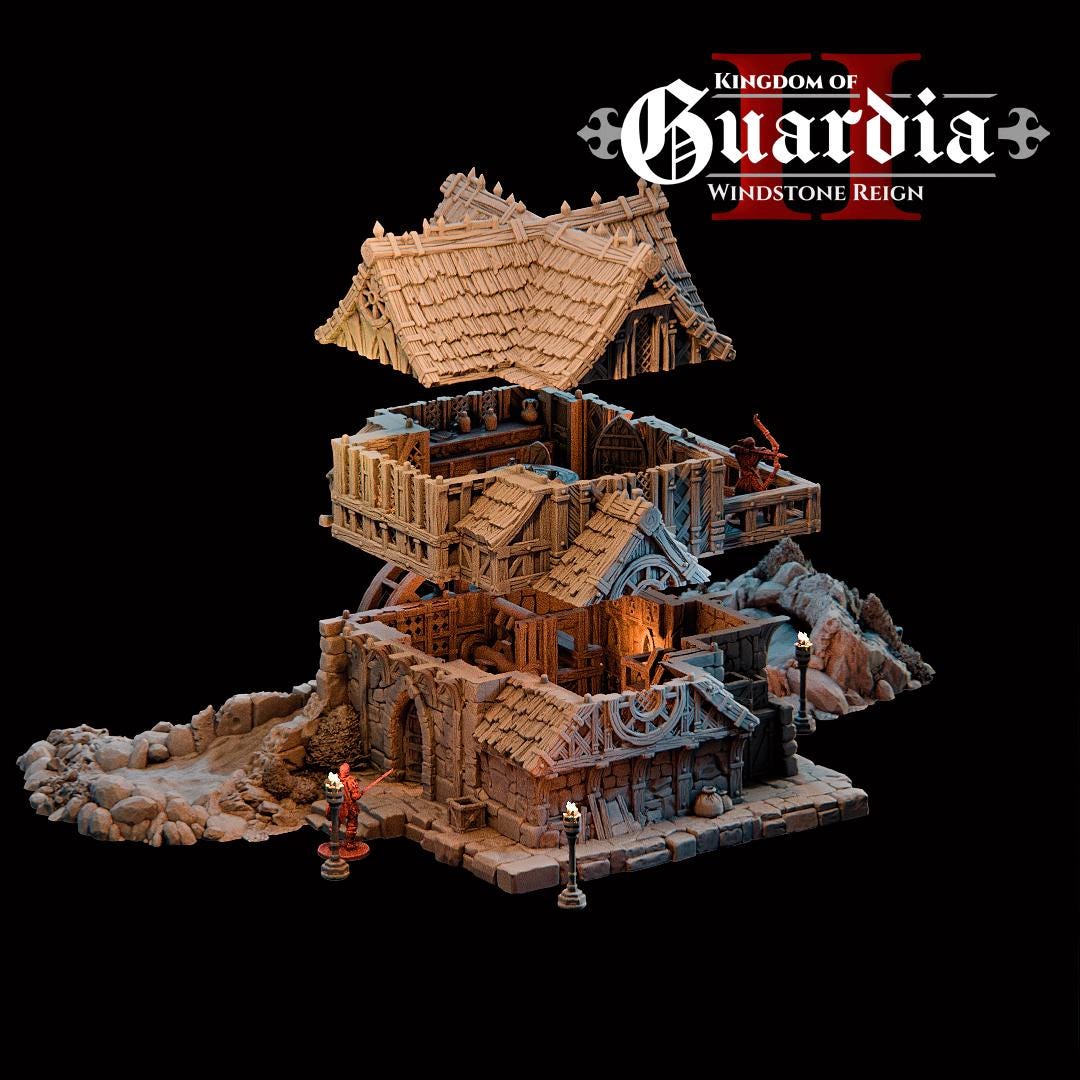 Guardia Water Wheel System – 28mm Kingdom of Guardia Building, 3D Printed Unpainted PLA Terrain