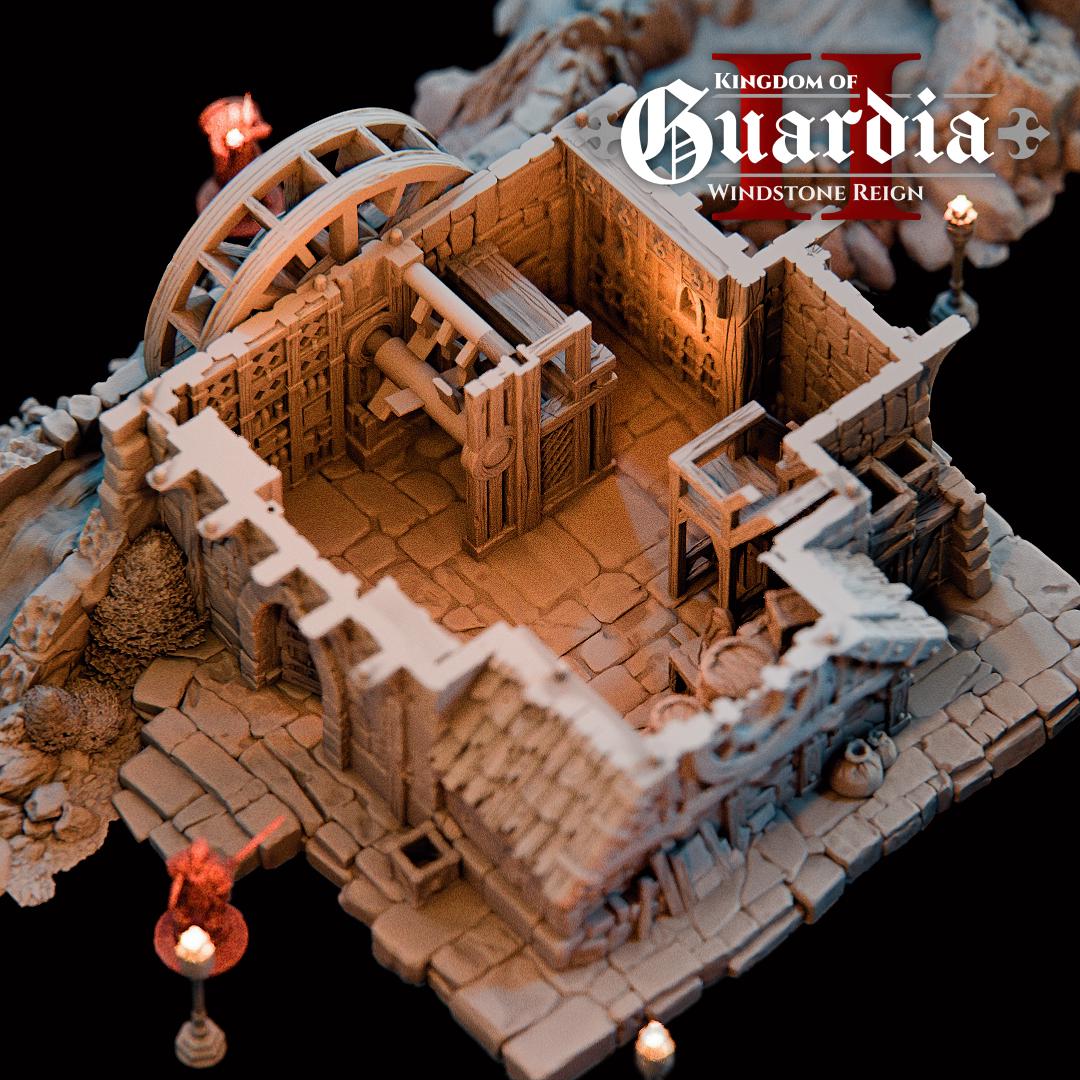 Guardia Water Wheel System – 28mm Kingdom of Guardia Building, 3D Printed Unpainted PLA Terrain