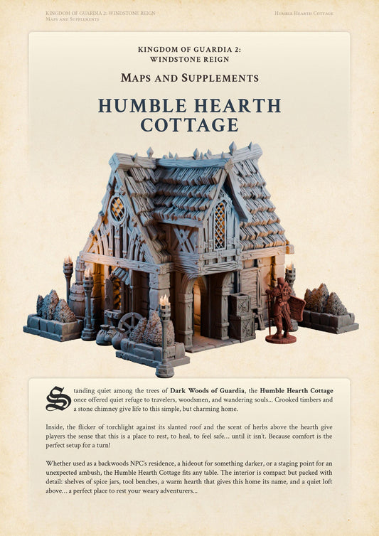 A digital RPG supplement preview showing the Humble Hearth Cottage, a small timber-and-stone woodland home nestled among trees. The PDF presents a detailed cottage interior with a warm hearth, shelves of supplies, and a quiet loft above, designed for intimate tabletop roleplay scenes. This digital download expands the Kingdom of Guardia II setting with a flexible travel and wilderness location for DnD, and narrative-driven tabletop play. A matching 28 mm terrain model is available separately.