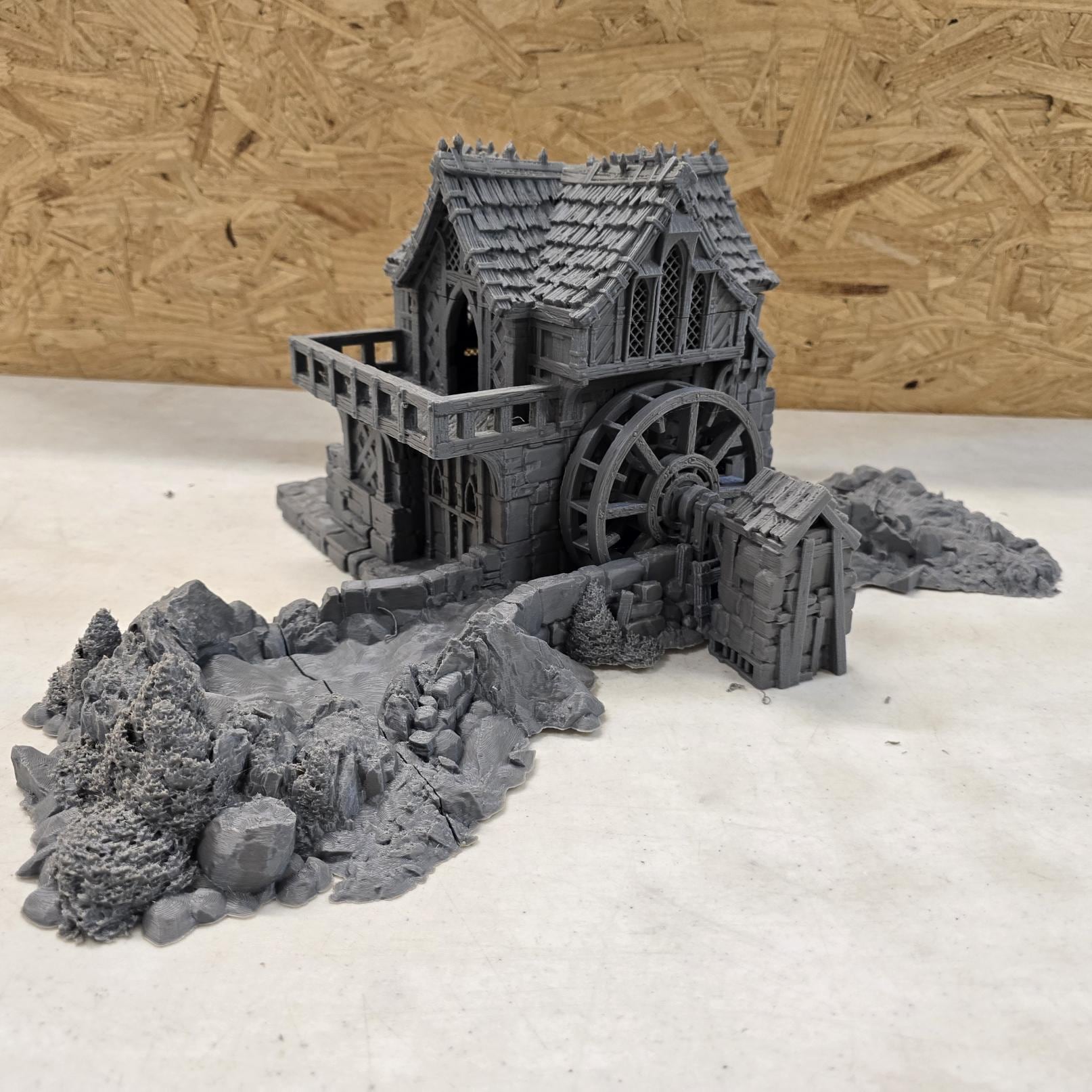 Guardia Water Wheel System – 28mm Kingdom of Guardia Building, 3D Printed Unpainted PLA Terrain
