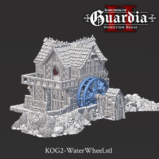 Guardia Water Wheel System – 28mm Kingdom of Guardia Building, 3D Printed Unpainted PLA Terrain