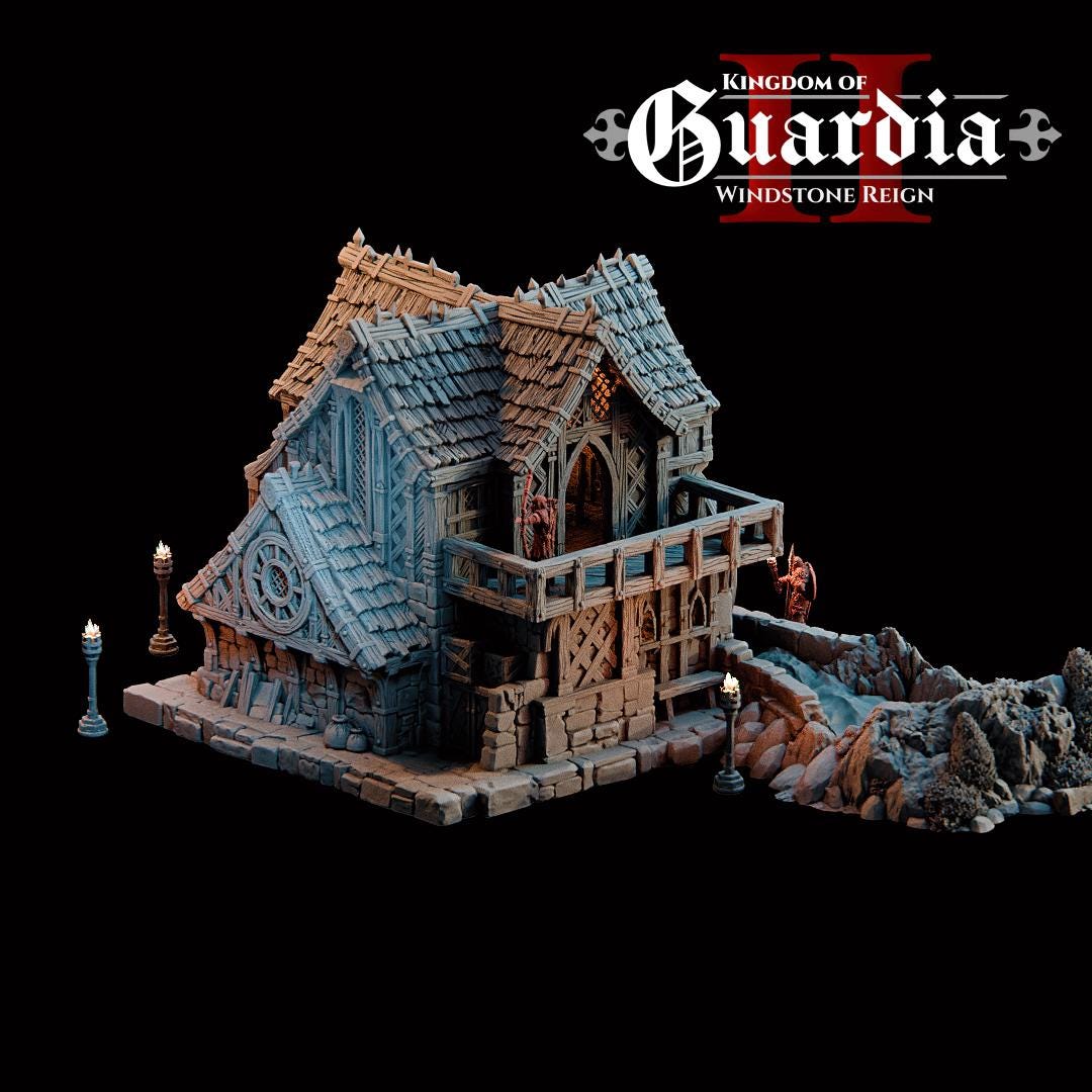 Guardia Water Wheel System – 28mm Kingdom of Guardia Building, 3D Printed Unpainted PLA Terrain