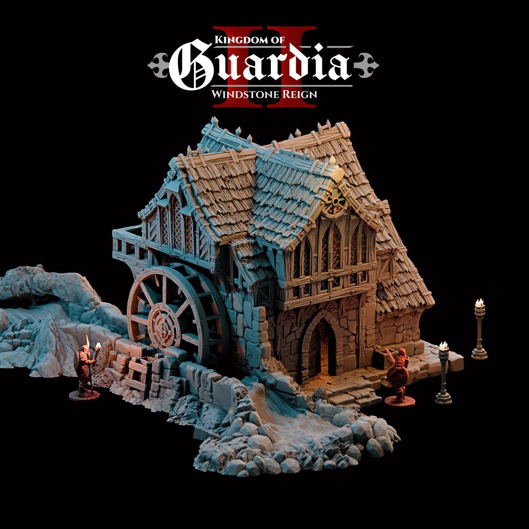 Guardia Water Wheel System – 28mm Kingdom of Guardia Building, 3D Printed Unpainted PLA Terrain