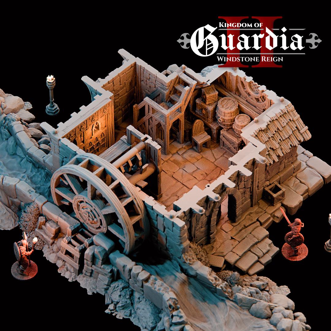 Guardia Water Wheel System – 28mm Kingdom of Guardia Building, 3D Printed Unpainted PLA Terrain