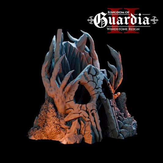 Jagged rock spires rise behind a cracked stone archway, while claw-like formations frame the entrance and textured stonework spreads across the integrated rocky base. The sculpted vertical elements create a towering silhouette ideal for ritual encounters or final boss confrontations. Built as a centerpiece structure, it anchors any fantasy battlefield with imposing height and presence.