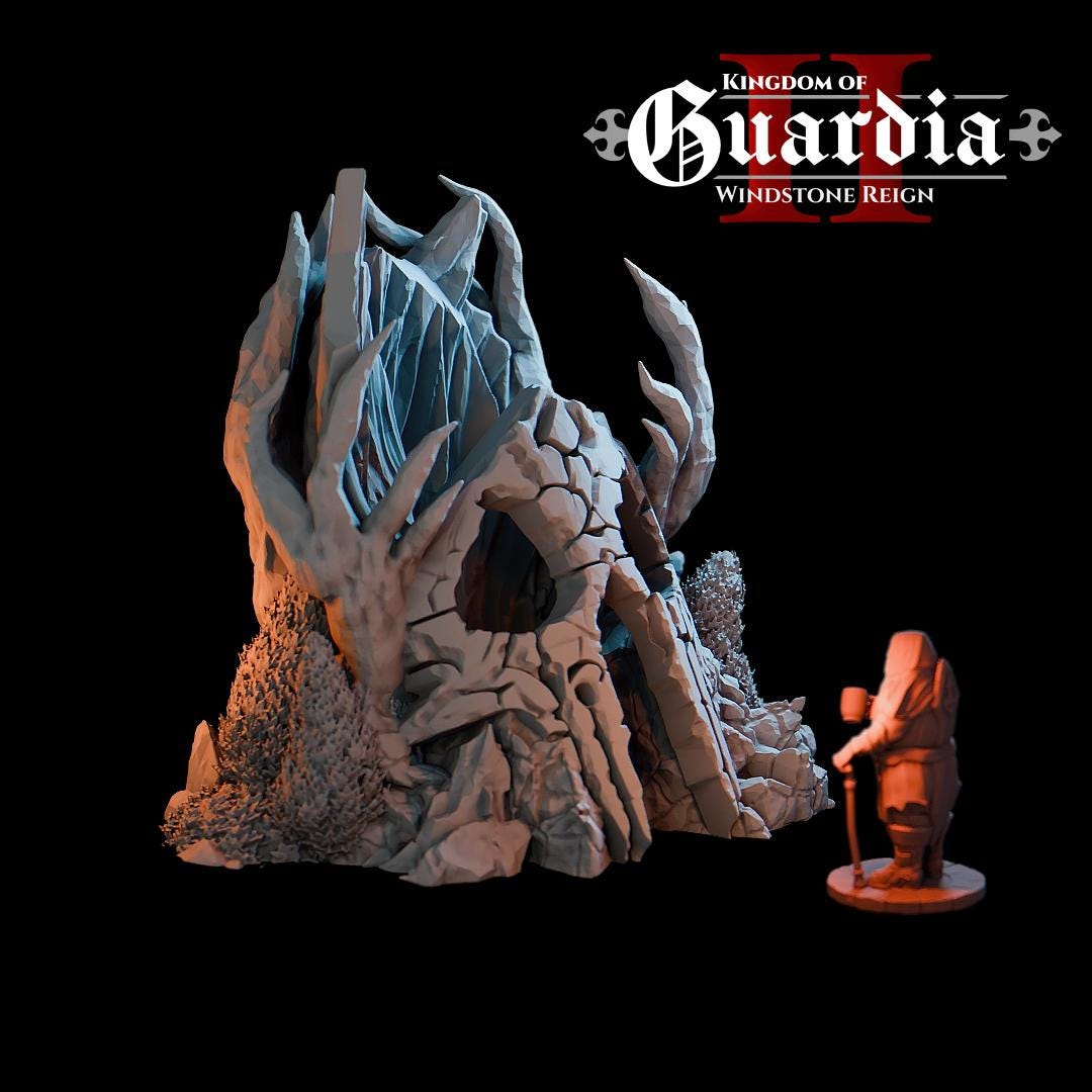 Jagged rock spires rise behind a cracked stone archway, while claw-like formations frame the entrance and textured stonework spreads across the integrated rocky base. The sculpted vertical elements create a towering silhouette ideal for ritual encounters or final boss confrontations. Built as a centerpiece structure, it anchors any fantasy battlefield with imposing height and presence.