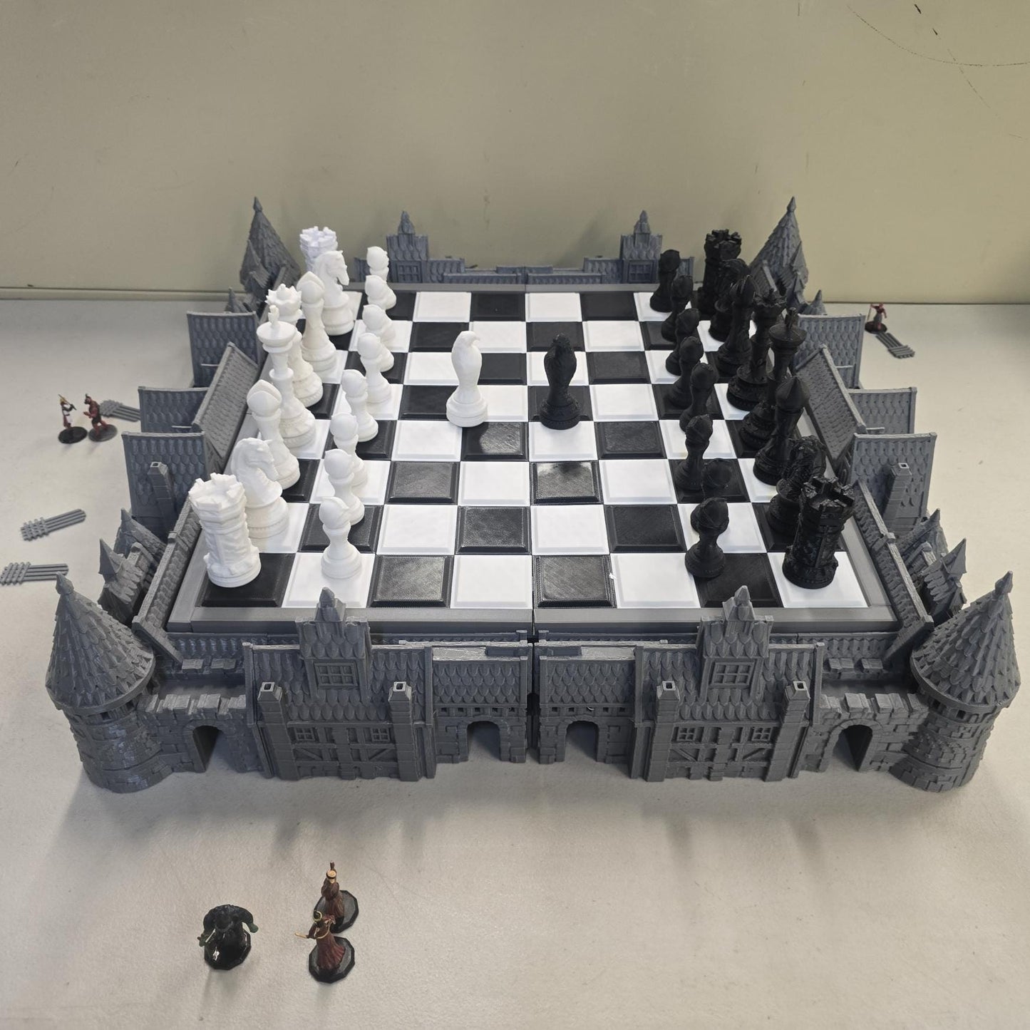 Complete Royal Battle Board medieval castle chess set with raised black and white tile board inside detailed fortress base
