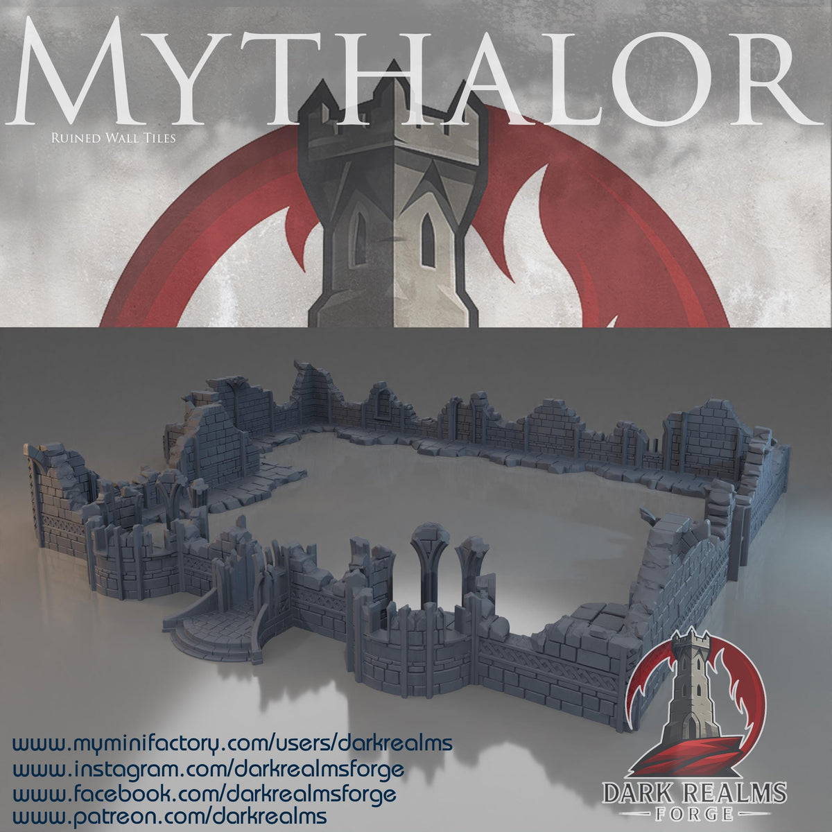 MYTHALOR – Ruined Wall Set, Modular Fantasy Terrain for 28–32mm Tabletop Gaming