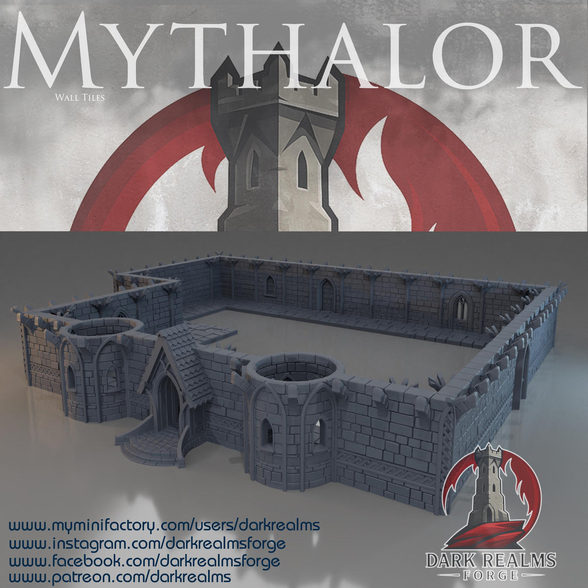 MYTHALOR – Ruined Wall Set, Modular Fantasy Terrain for 28–32mm Tabletop Gaming